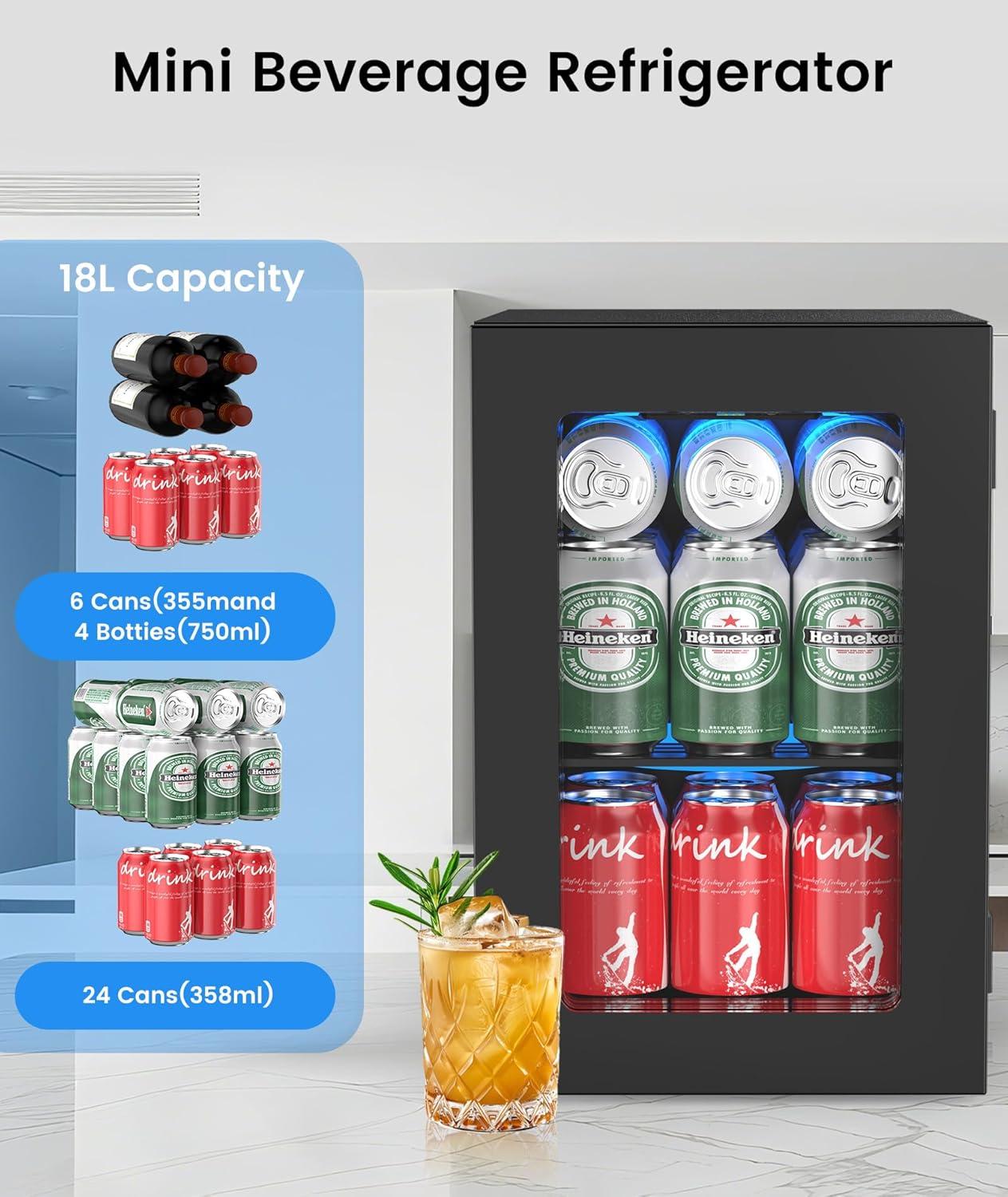 image2025 Upgrade 18L Beverage Refrigerator Wine Cooler 24 Cans Mini Fridge 06CuFt Countertop Drink Cooler Small Fridge with Adjustable Electronic Temperature Control LED Lgiht for Home Dorm Office24 Cans
