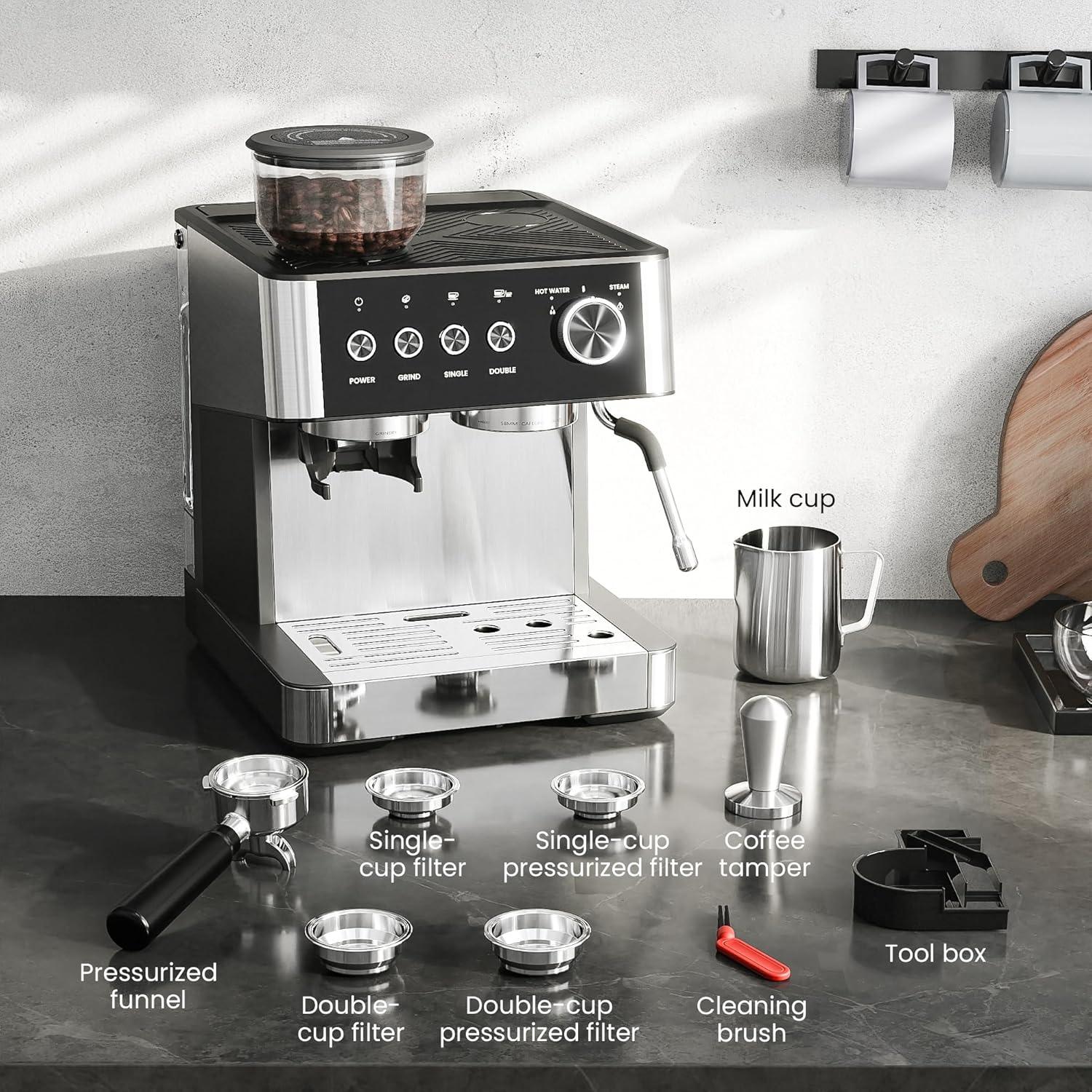 imageKismile 15 Bar Espresso Machines with Grinder Professional Espresso Maker with Removable Water Tank Milk Frother Steam Wand for LatteampampCappuccinoHot Water Function for Home Black15 Bar