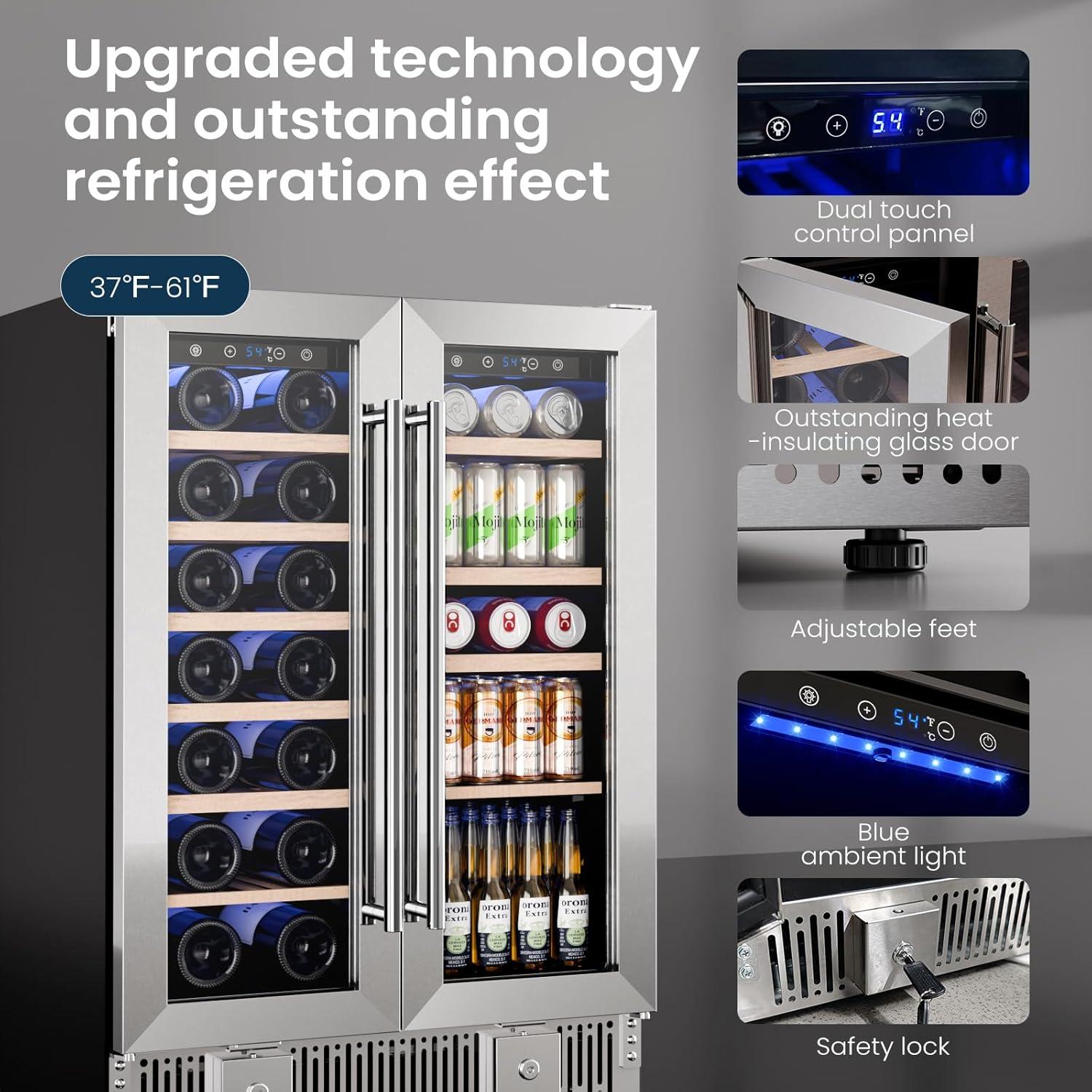 imageKismile 24 inch Wine and Beverage Refrigerator 20 Bottle and 88 Cans Dual Zone Wine Cooler with Glass Door Builtin or Freestanding WineBeerBeverage Fridge with Blue LED LightTransparent