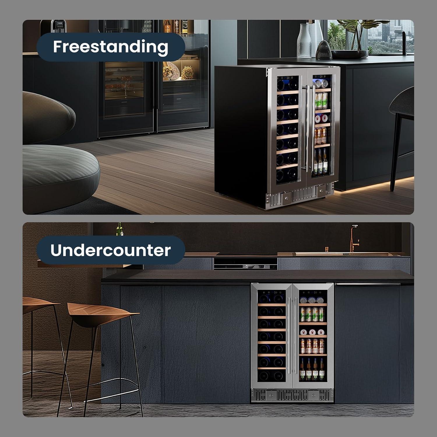 imageKismile 24 inch Wine and Beverage Refrigerator 20 Bottle and 88 Cans Dual Zone Wine Cooler with Glass Door Builtin or Freestanding WineBeerBeverage Fridge with Blue LED LightTransparent