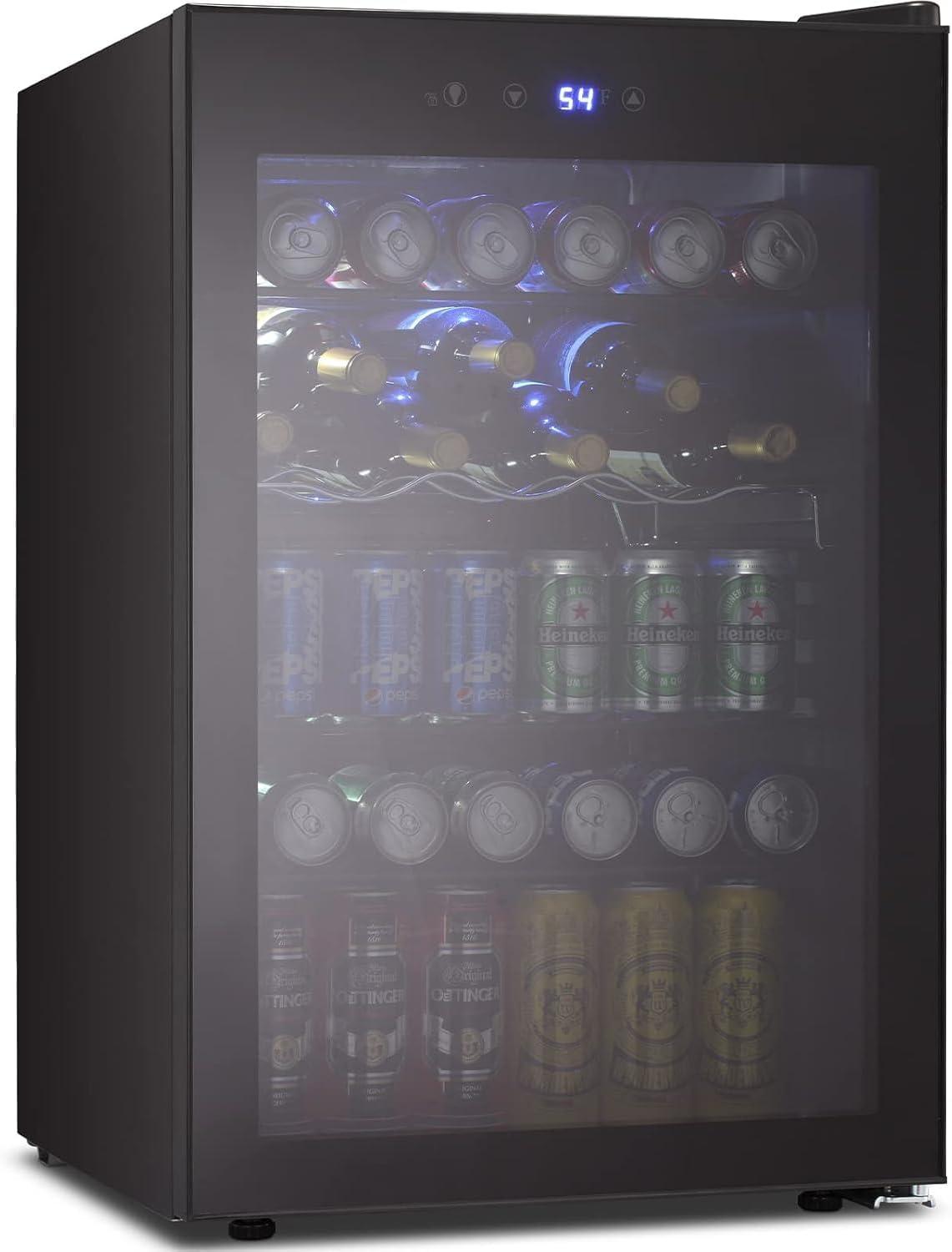 imageKismile 24 inch Wine and Beverage Refrigerator 20 Bottle and 88 Cans Dual Zone Wine Cooler with Glass Door Builtin or Freestanding WineBeerBeverage Fridge with Blue LED LightBlack
