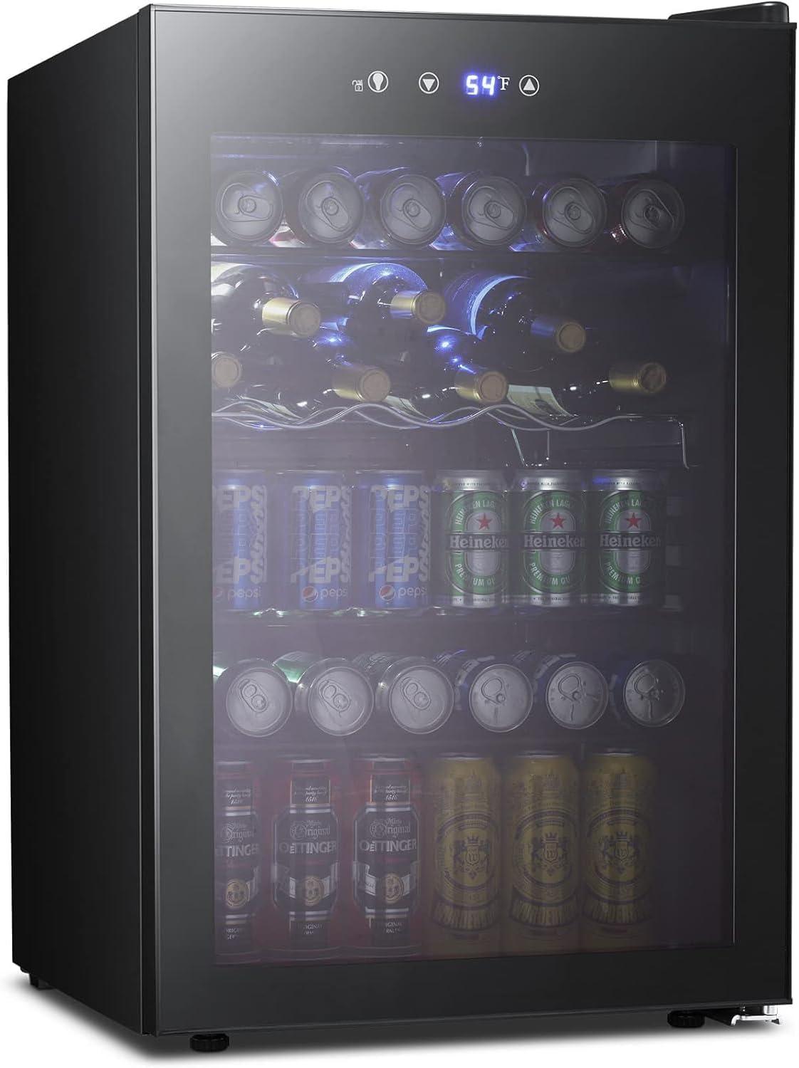 imageKismile 24 inch Wine and Beverage Refrigerator 20 Bottle and 88 Cans Dual Zone Wine Cooler with Glass Door Builtin or Freestanding WineBeerBeverage Fridge with Blue LED LightBlack