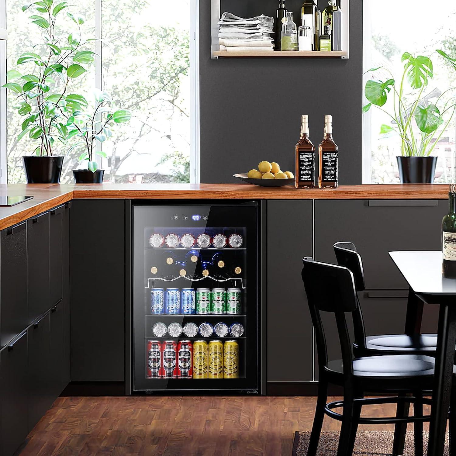 imageKismile 24 inch Wine and Beverage Refrigerator 20 Bottle and 88 Cans Dual Zone Wine Cooler with Glass Door Builtin or Freestanding WineBeerBeverage Fridge with Blue LED LightBlack