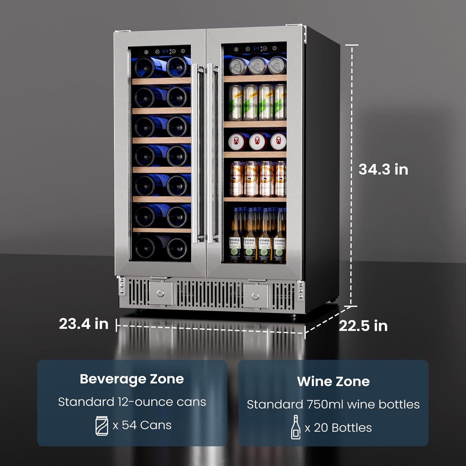 imageKismile 24 inch Wine and Beverage Refrigerator 20 Bottle and 88 Cans Dual Zone Wine Cooler with Glass Door Builtin or Freestanding WineBeerBeverage Fridge with Blue LED LightTransparent