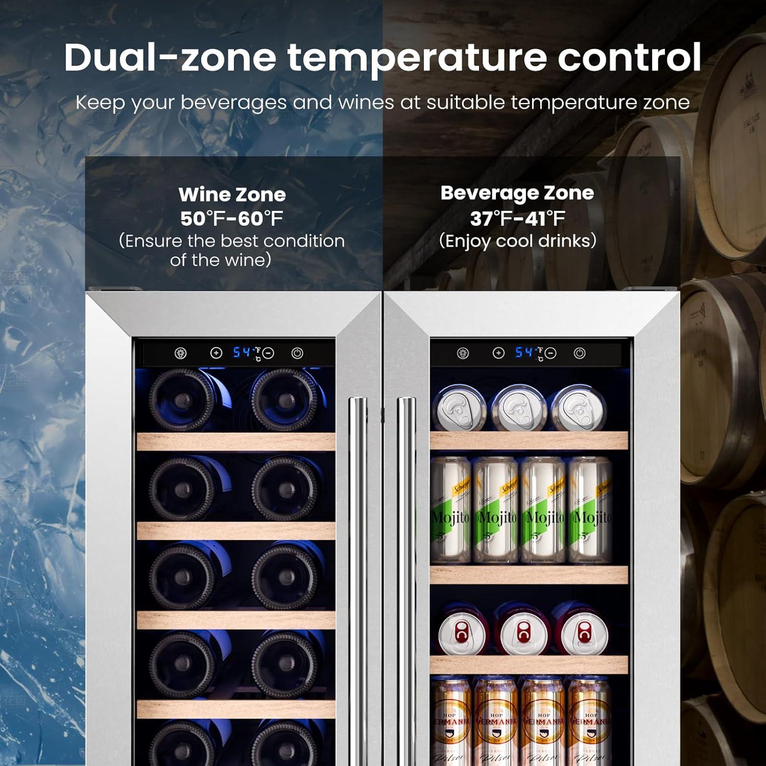 imageKismile 24 inch Wine and Beverage Refrigerator 20 Bottle and 88 Cans Dual Zone Wine Cooler with Glass Door Builtin or Freestanding WineBeerBeverage Fridge with Blue LED LightTransparent
