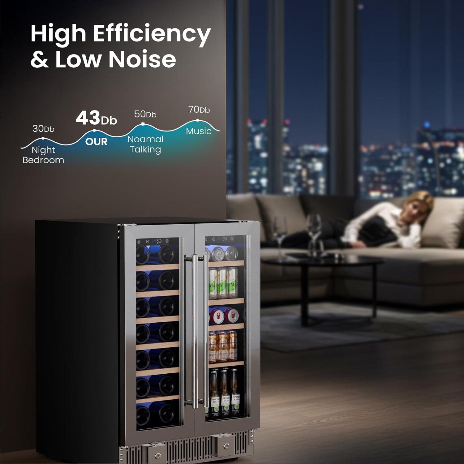 imageKismile 24 inch Wine and Beverage Refrigerator 20 Bottle and 88 Cans Dual Zone Wine Cooler with Glass Door Builtin or Freestanding WineBeerBeverage Fridge with Blue LED LightTransparent