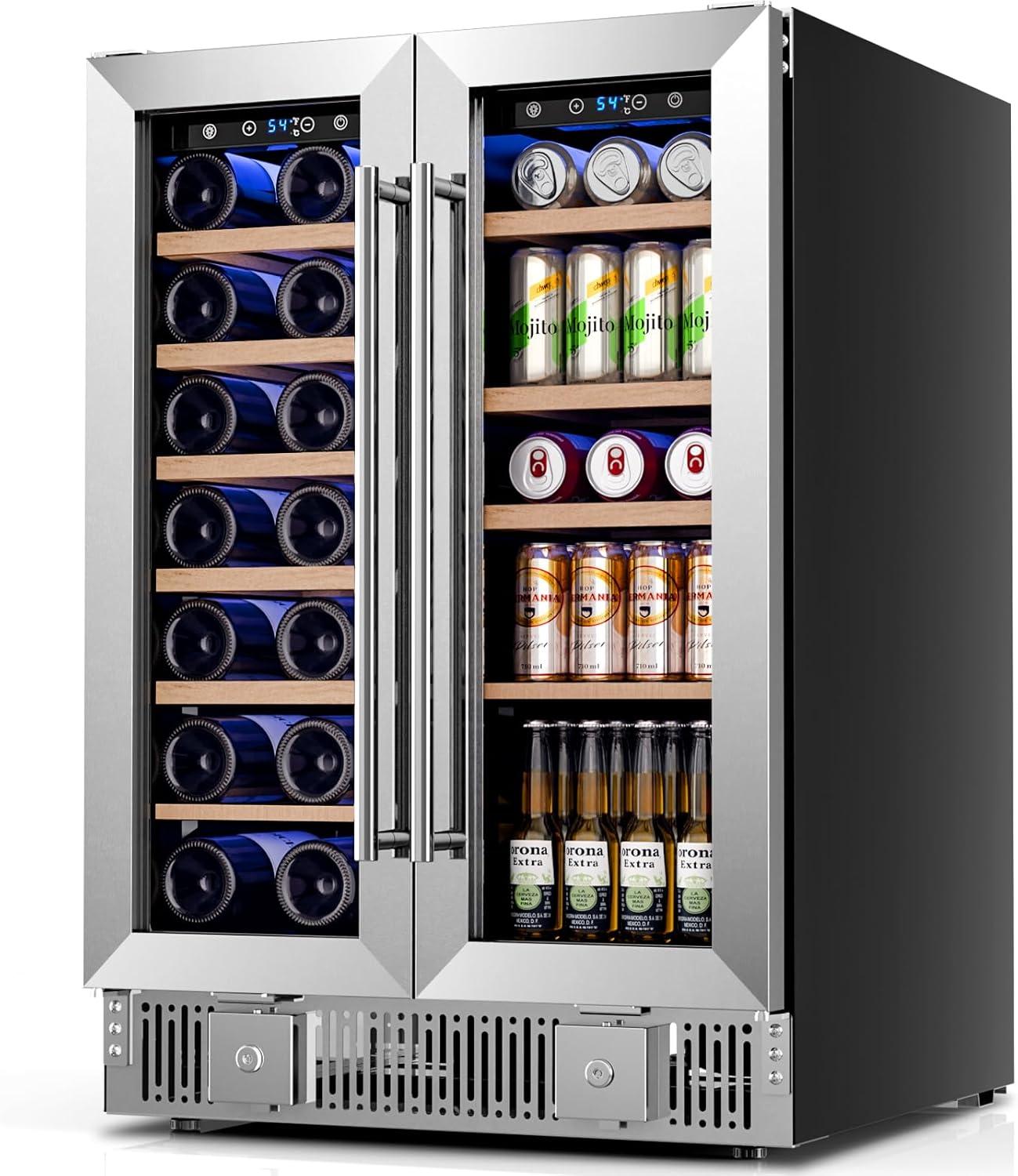 imageKismile 24 inch Wine and Beverage Refrigerator 20 Bottle and 88 Cans Dual Zone Wine Cooler with Glass Door Builtin or Freestanding WineBeerBeverage Fridge with Blue LED LightTransparent