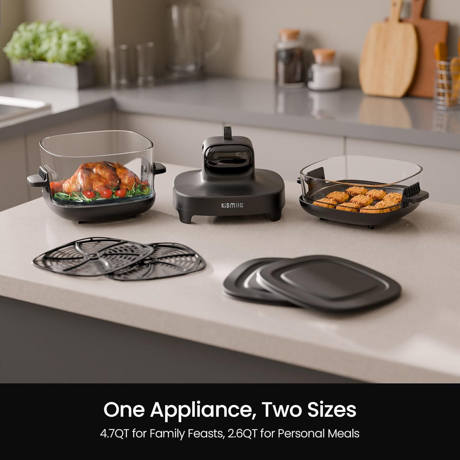 imageKismile 5in1 Portable Glass Air Fryer 26QT ampamp 47QT Dual Glass Containers with Lids 85 Less Oil Compact Smart Air Fryer Oven for Deep Roast Crisp Keep Warm  Freezer ampamp Dishwasher SafeDeep Grey