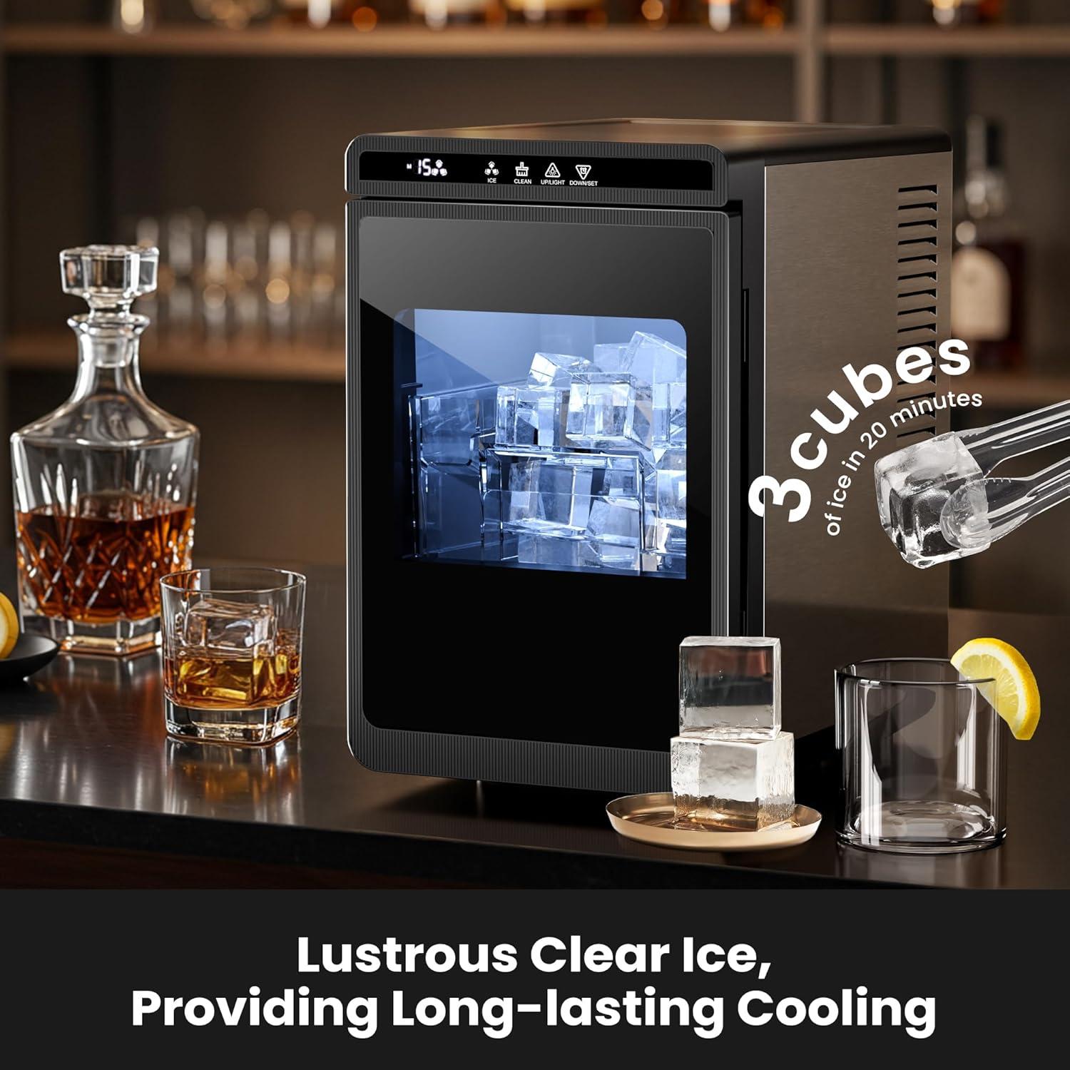 imageKismile Clear Ice Cube Makers3 Cubes in 20 Mins26Lbs24HPortable Ice Makers Countertop with Large Cubic Ice SelfCleaning 24H Timer for Cocktails Whiskey ampamp BourbonBlackBlack