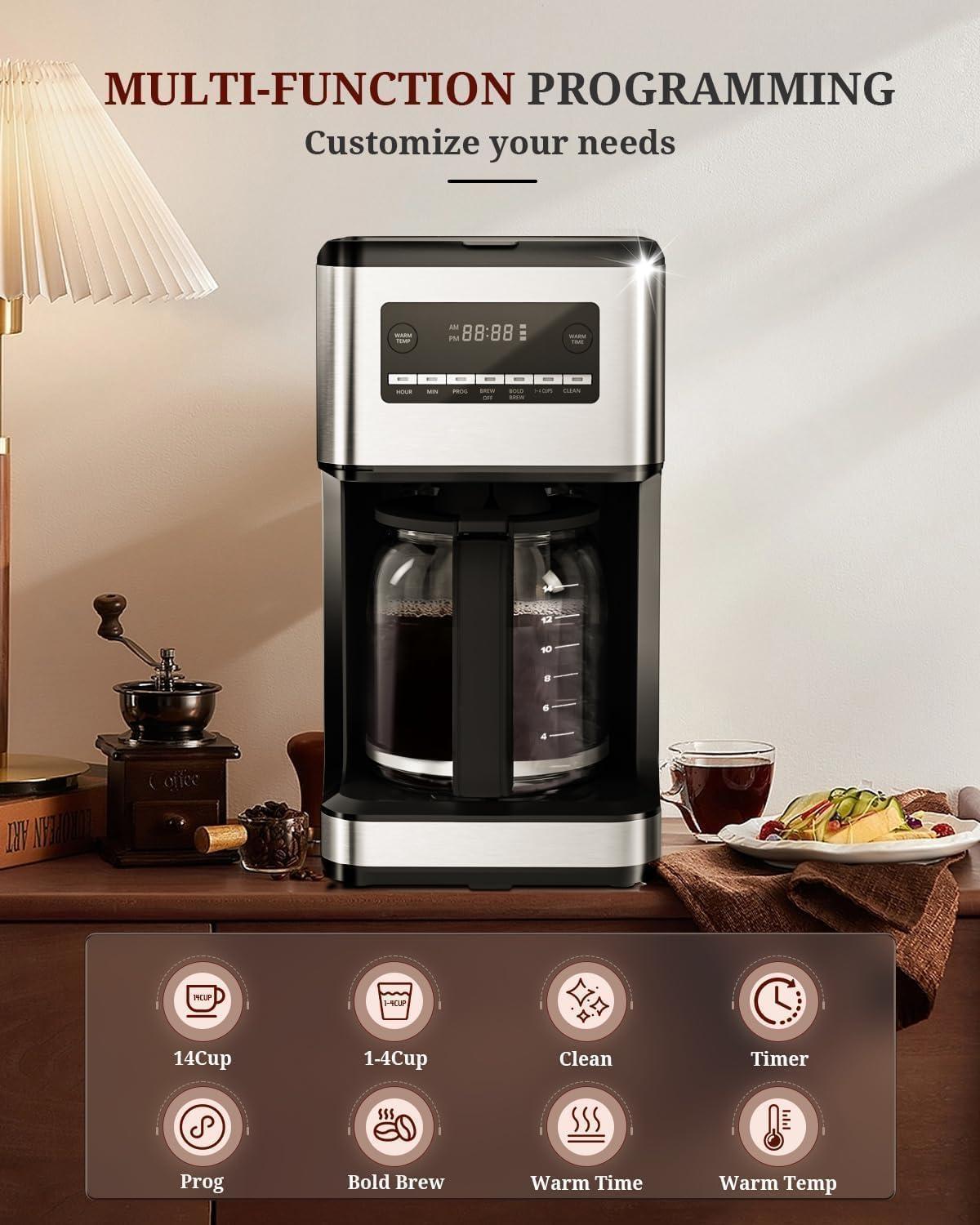 imageKismile Coffee Maker 14Cup Programmable Drip Coffee Makers Machines with Timer Reusable Filter ampamp Keep Hot Plate Auto Pause SelfCleaning Stainless Steel
