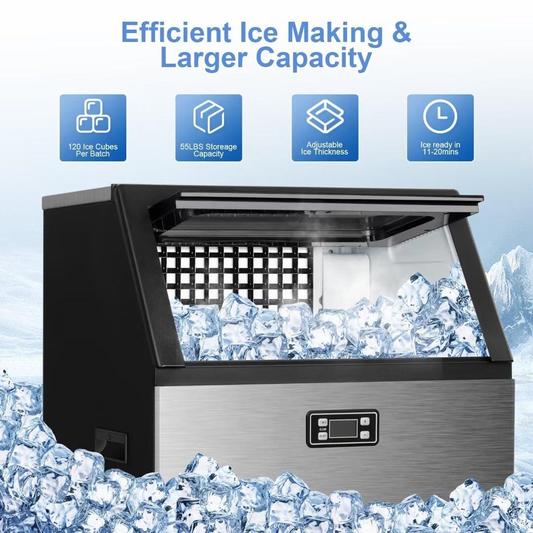 imageKismile Commercial Ice Maker Freestanding Square Ice Cube Maker 265lbs24h 55lbs Storage Bin Full Heavy Duty Stainless Steel Construction Ice Maker Machine for Home Bar Coffee Shop Business