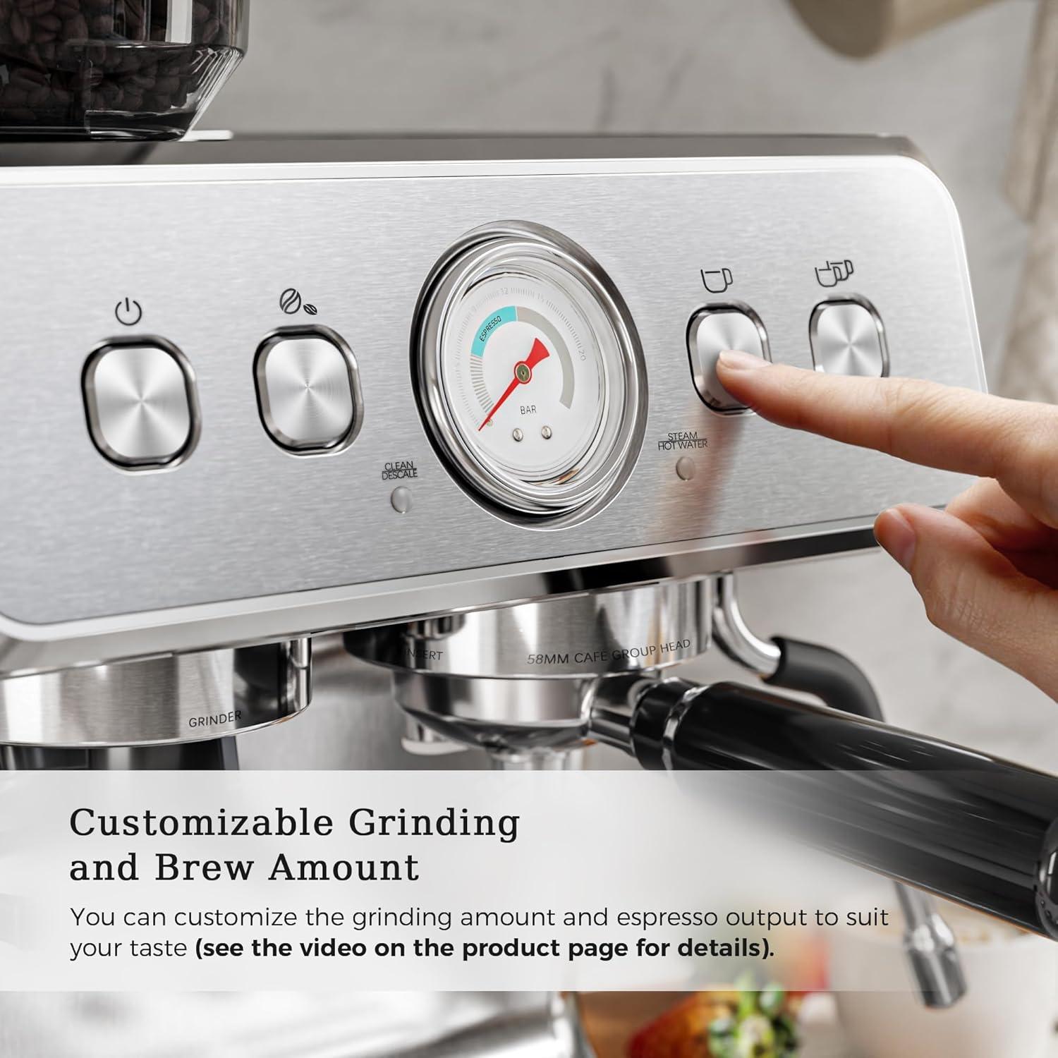 imageKismile Espresso Coffee Machine with Grinder 20 Bar Automatic Espresso Machine with Milk Frother Steam Wand Removable Water Tank for Latte ampamp CappuccinoSilver20Bar