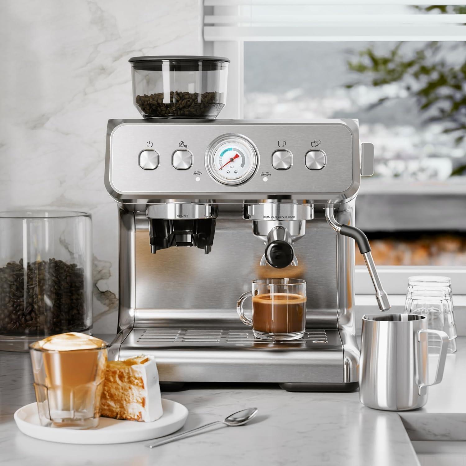 imageKismile Espresso Coffee Machine with Grinder 20 Bar Automatic Espresso Machine with Milk Frother Steam Wand Removable Water Tank for Latte ampamp CappuccinoSilver20Bar
