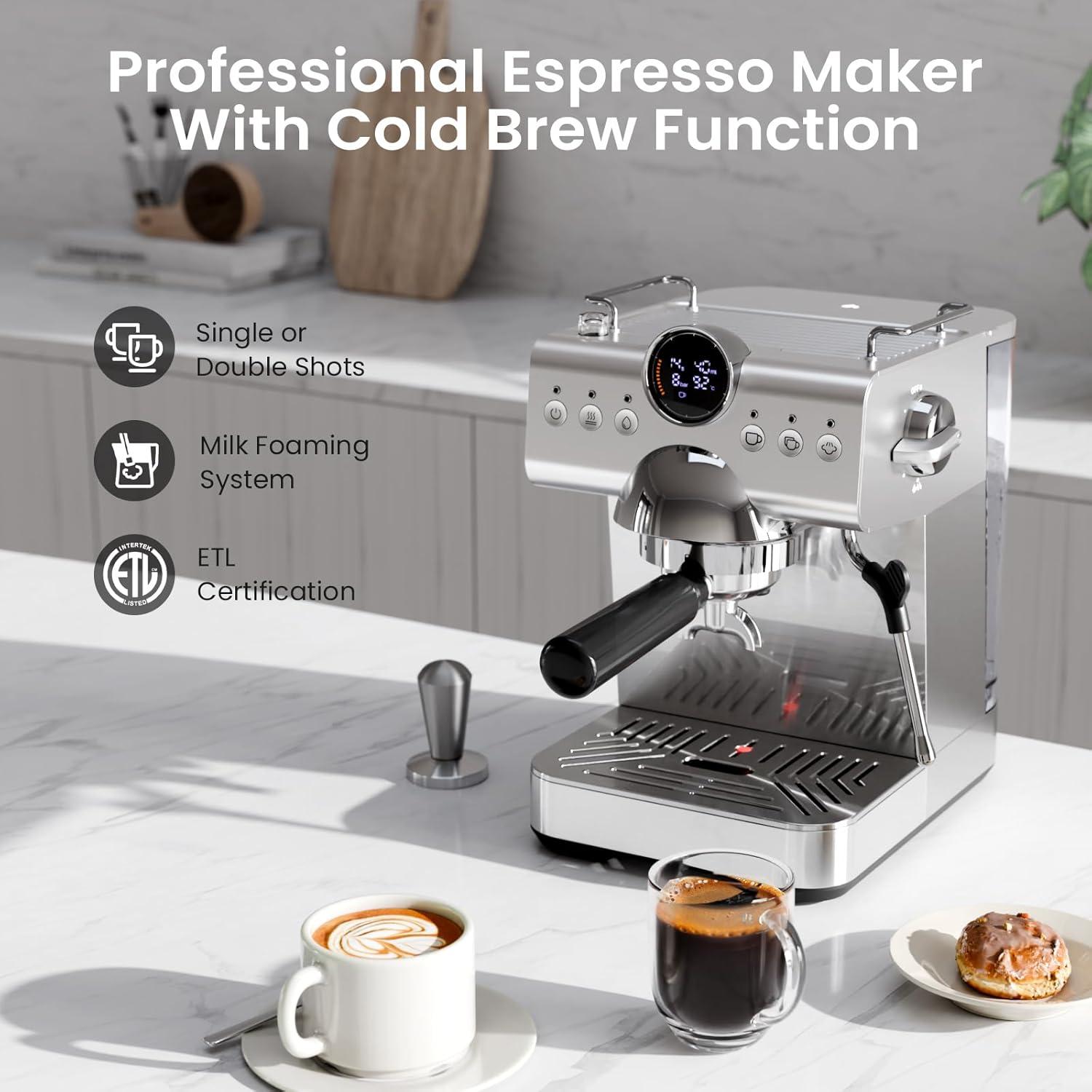 imageKismile Espresso Machine with Cold Brew Professional Espresso Maker with Milk Frother Steam Wand for Latte ampamp Cappuccino Espresso Coffee Machine with LED Display for Home UseStainless Steel