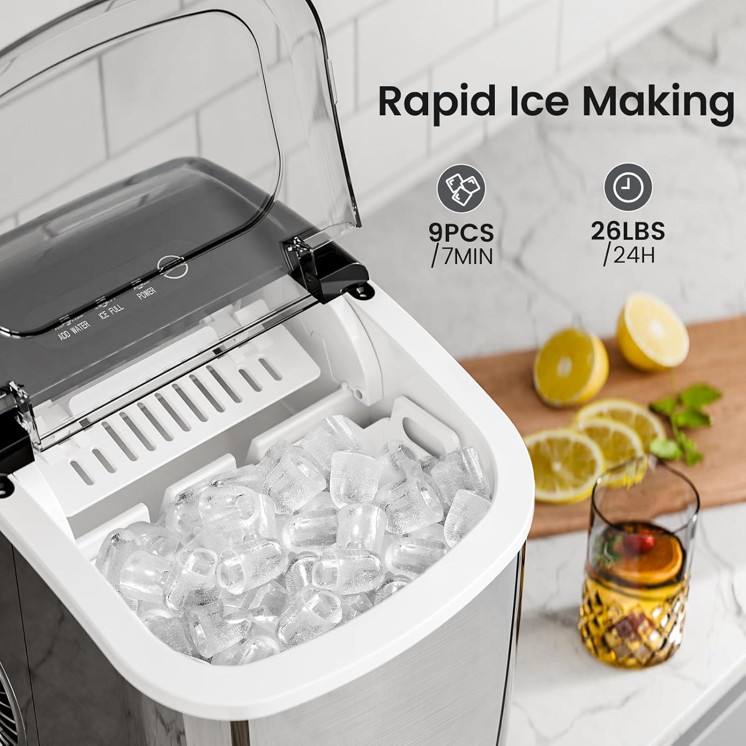 imageKismile Ice Makers Countertop with Carry Handle26LbsDay9 Cubes in 6 MinsSelfCleaning Ice Machine for HomeOfficeKitchen BlackStainless Steel Silver