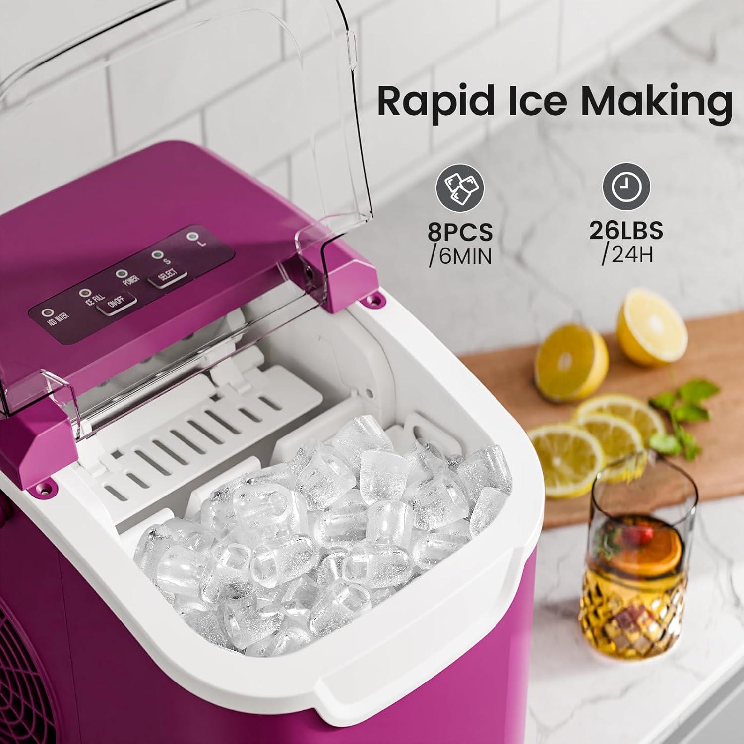 imageKismile Ice Makers Countertop with Carry Handle8 Cubes in 6 Mins26LbsDay2 Size of Bullet IcePortable Ice Maker Machine with SelfCleaning for HomeOfficeBlackPurple