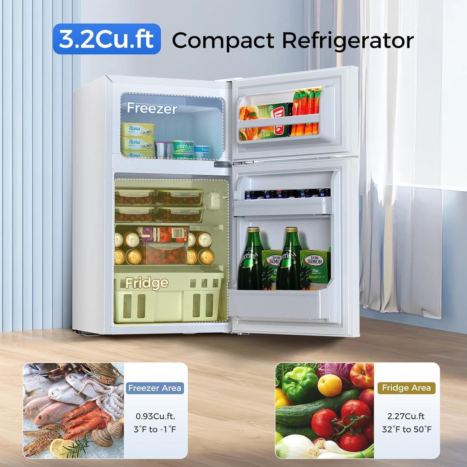 imageKismile Mini Fridge with Freezer32 CuFt Compact Mini Refrigerator with Double 2 DoorAdjustable TemperatureFull Size for HomeKitchenDormApartmentRetro GreyWhite