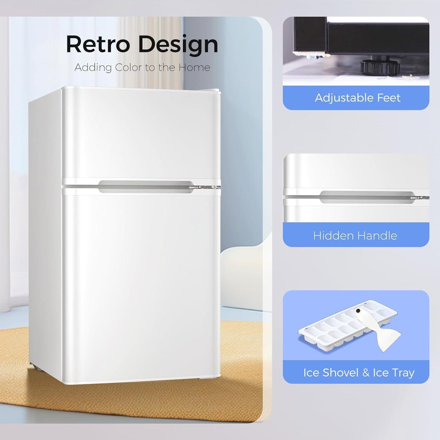 imageKismile Mini Fridge with Freezer32 CuFt Compact Mini Refrigerator with Double 2 DoorAdjustable TemperatureFull Size for HomeKitchenDormApartmentRetro GreyWhite
