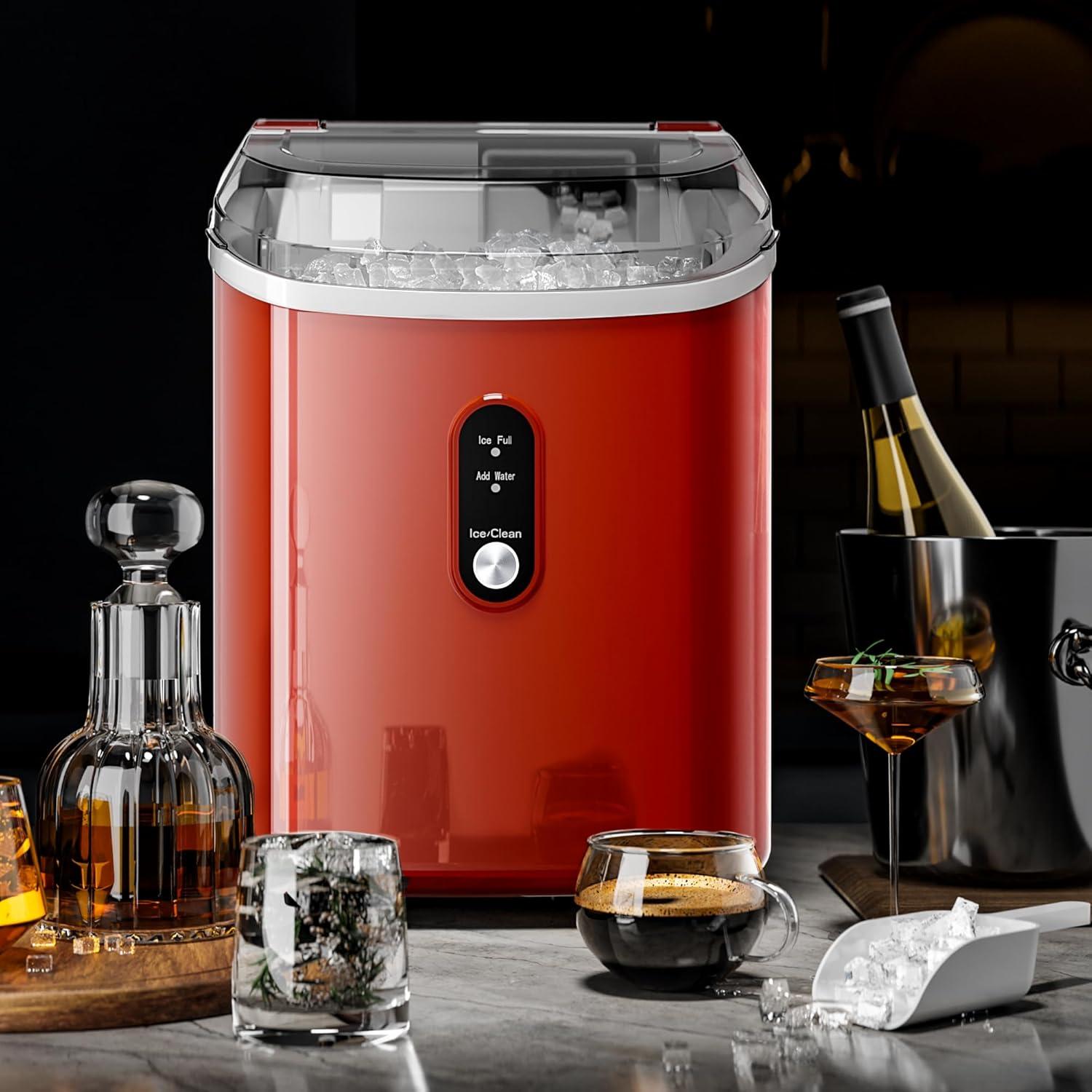 imageKismile Nugget Ice Makers Countertop Portable Sonic Ice Machine with SelfCleaningOneClick Operation for HomeOfficeSilverRed
