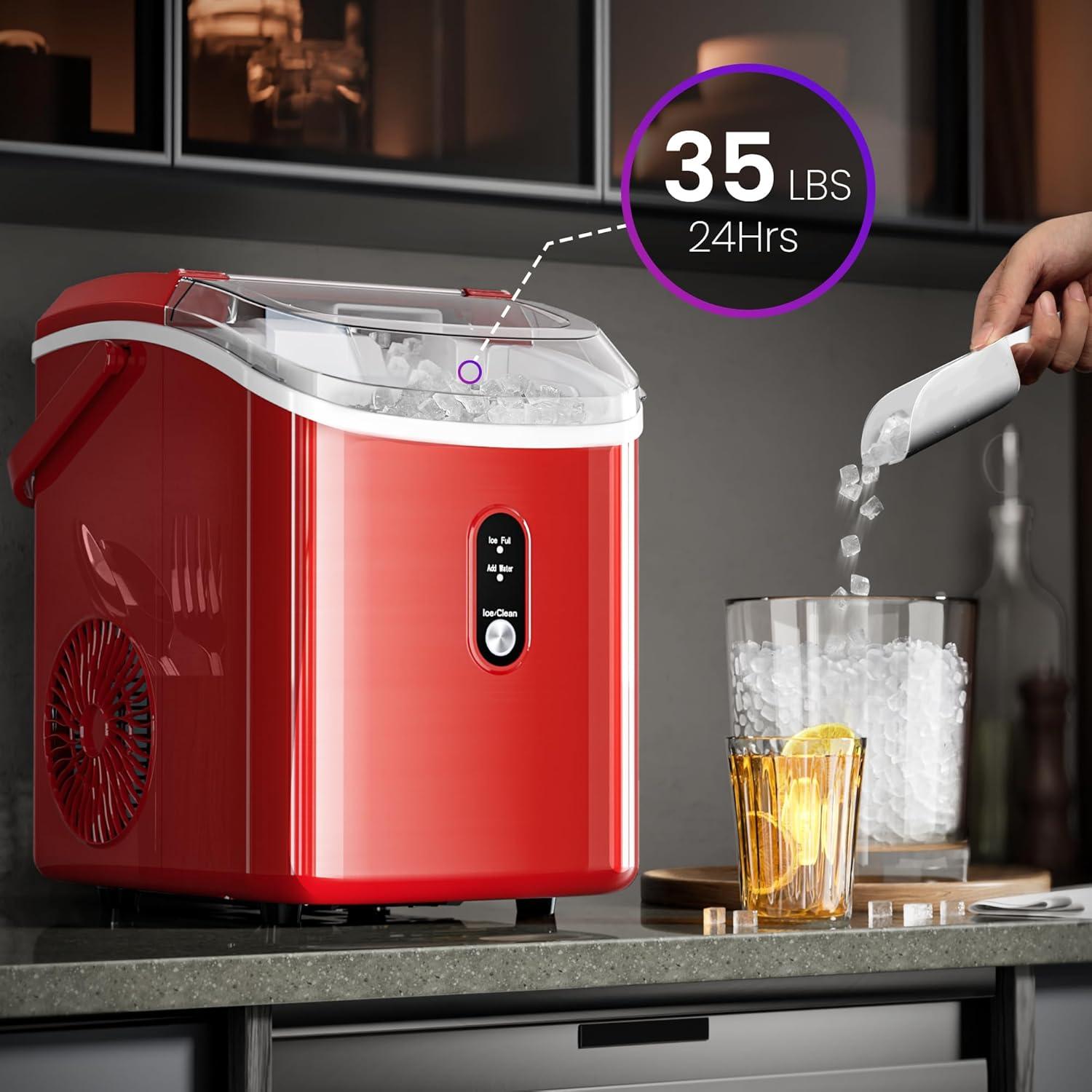 imageKismile Nugget Ice Makers Countertop Portable Sonic Ice Machine with SelfCleaningOneClick Operation for HomeOfficeSilverRed