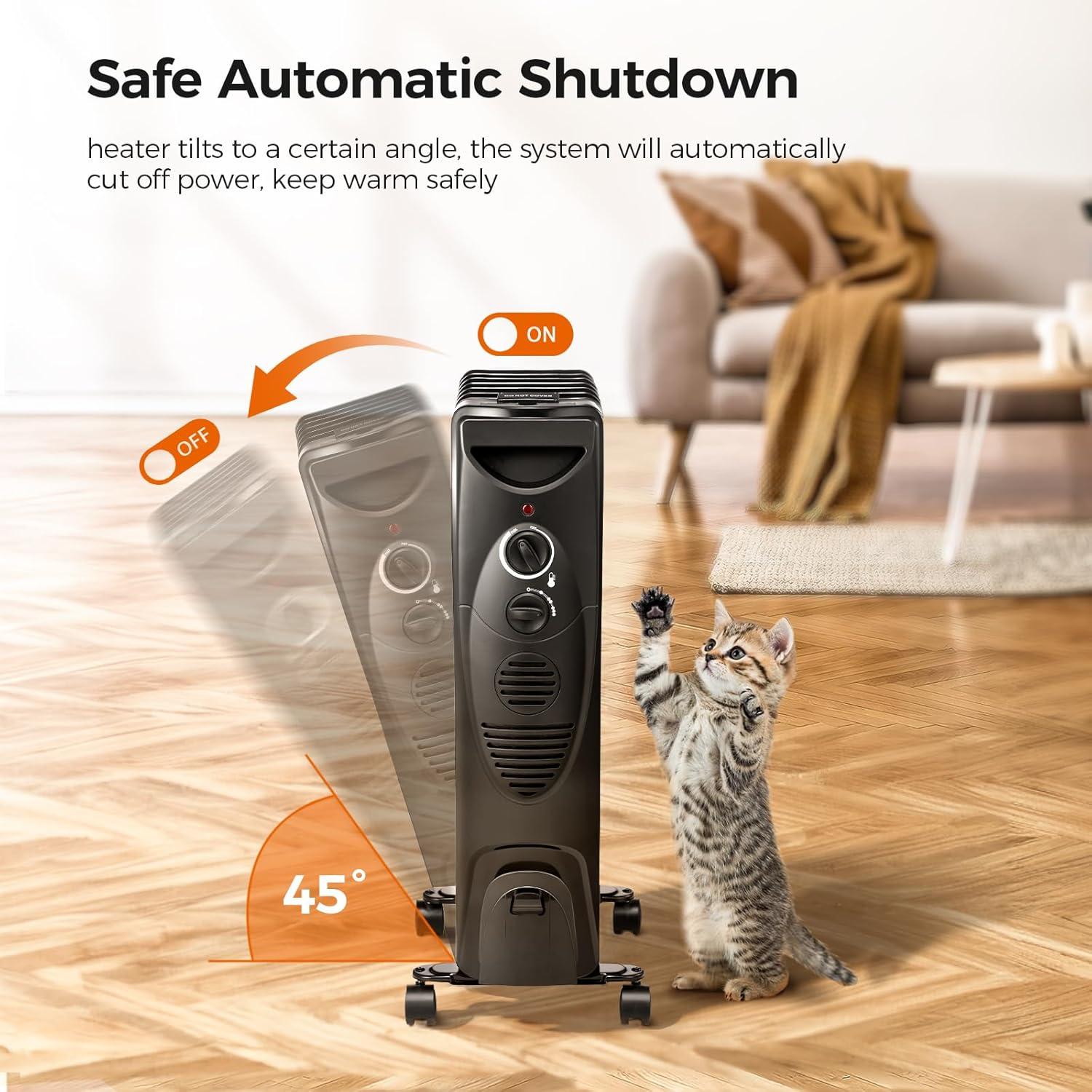 imageKismile Portable Electric Radiator Heater Oil Filled with 3 Heat Settings Adjustable Thermostat Overheat ampamp TipOver Protection For Indoor Use 1500W BlackBlack