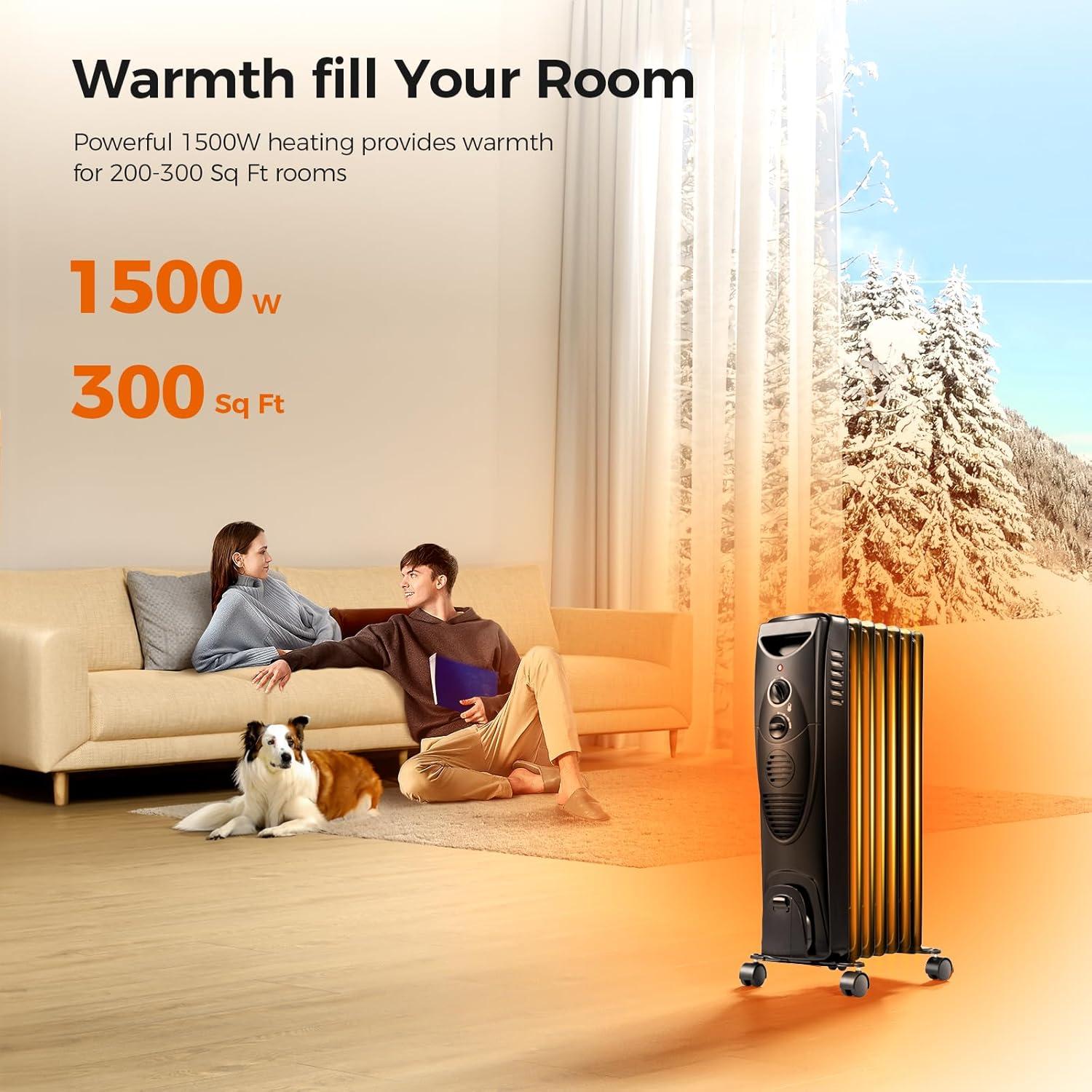 imageKismile Portable Electric Radiator Heater Oil Filled with 3 Heat Settings Adjustable Thermostat Overheat ampamp TipOver Protection For Indoor Use 1500W BlackBlack