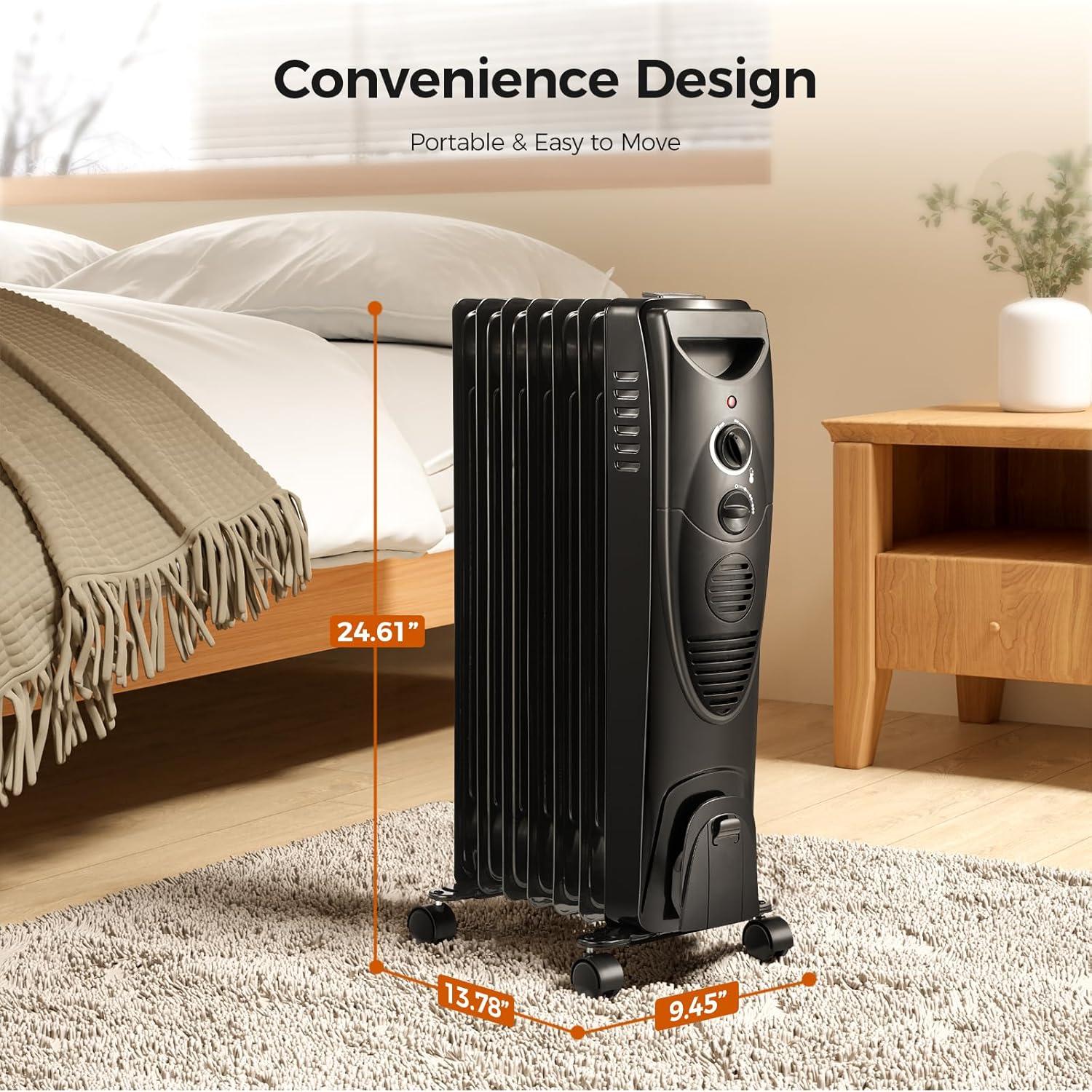 imageKismile Portable Electric Radiator Heater Oil Filled with 3 Heat Settings Adjustable Thermostat Overheat ampamp TipOver Protection For Indoor Use 1500W BlackBlack
