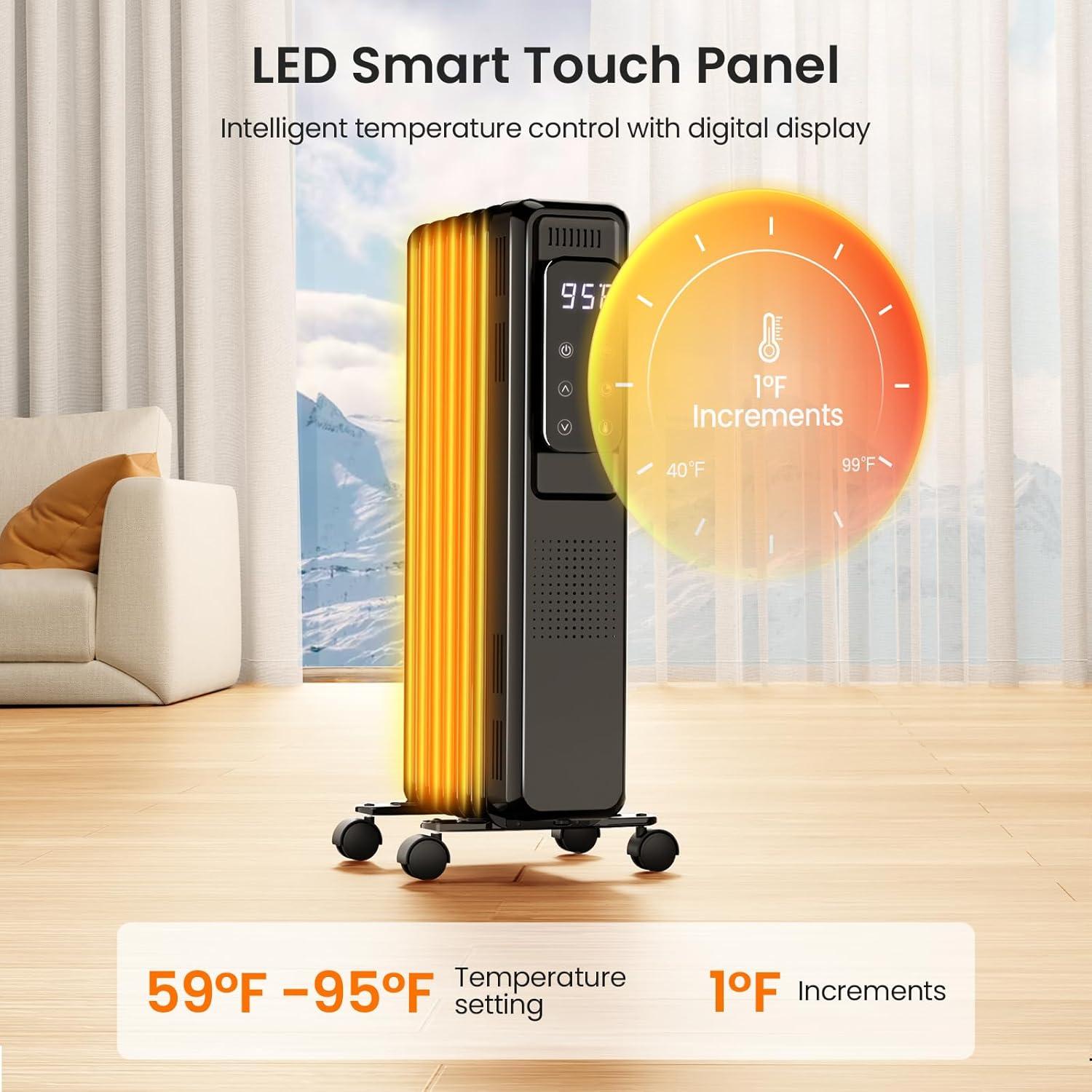 imageKismile Radiator Heater1500W Electric Portable Space Oil Filled Heater with LCD Display4 ModesRemote ControlOverheat ampamp TipOver ProtectionDigital Thermostat24H Timer for Indoor Use Black