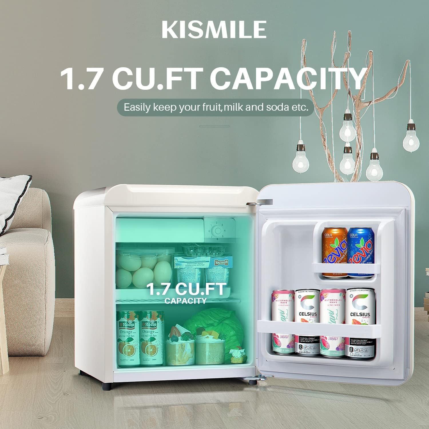 imageKismile Retro Mini Fridge with Rated 17 cu ft Small Refrigerator with Adjustable Removable Glass Shelves Mechanical Control Compact Freezer for Office Dorm Bedroom White