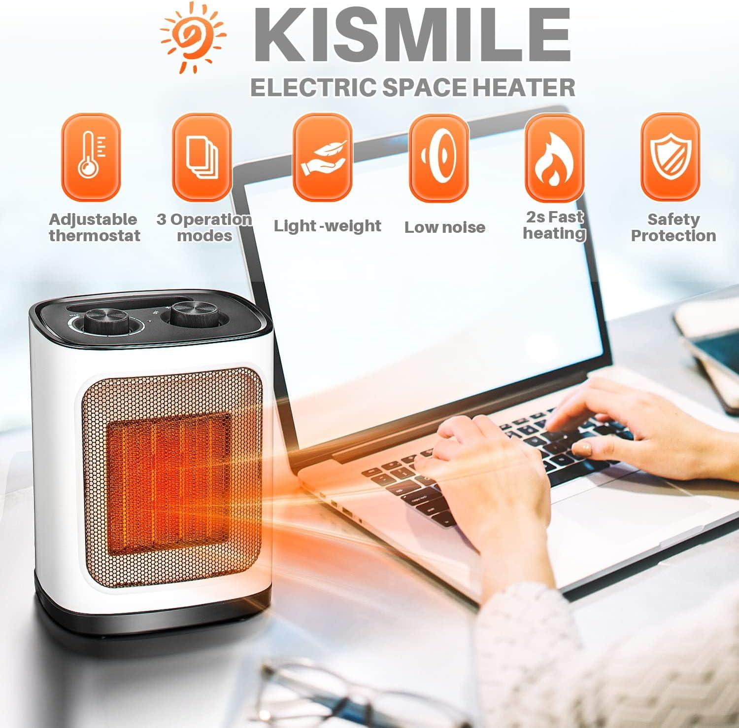 imageKismile Small Electric Space Heater Ceramic Space HeaterPortable Heater Fan for Office with Adjustable Thermostat and Overheat Protection ETL Listed for Kitchen 750W1500WBlackWhiteCarrying Handle