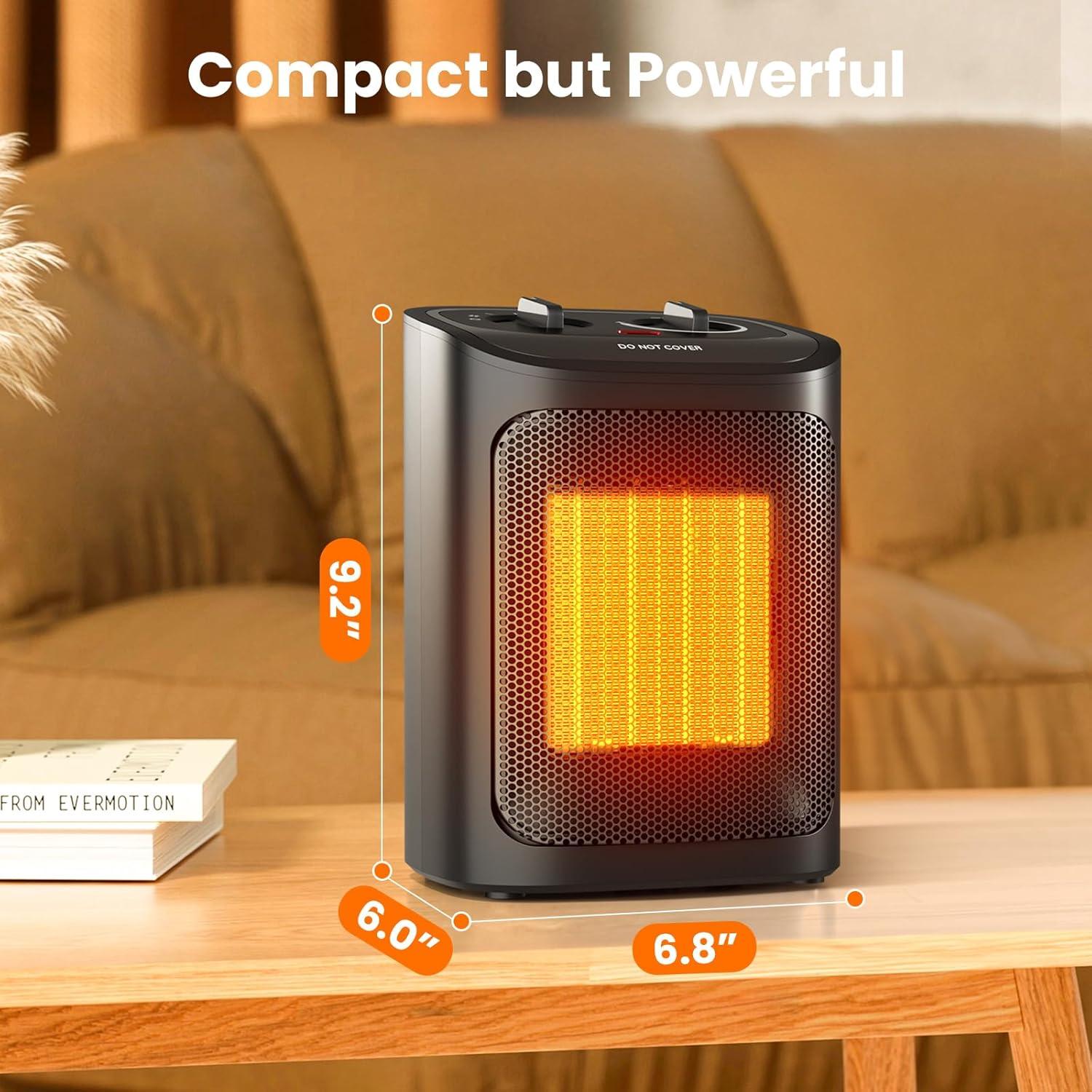 imageKismile Small Electric Space Heater Ceramic Space HeaterPortable Heater Fan for Office with Adjustable Thermostat and Overheat Protection ETL Listed for Kitchen 750W1500WBlackDark Black