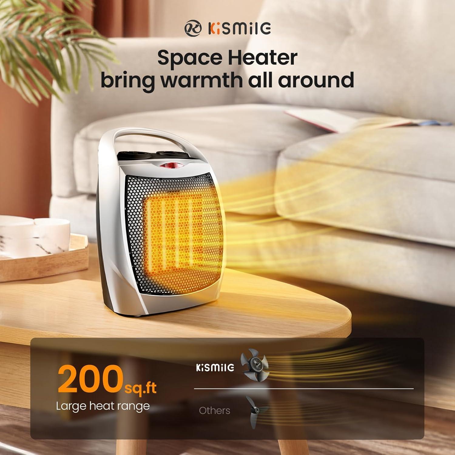 imageKismile Small Electric Space Heater Ceramic Space HeaterPortable Heater Fan for Office with Adjustable Thermostat and Overheat Protection ETL Listed for Kitchen 750W1500WBlackSilverBuiltin Handle