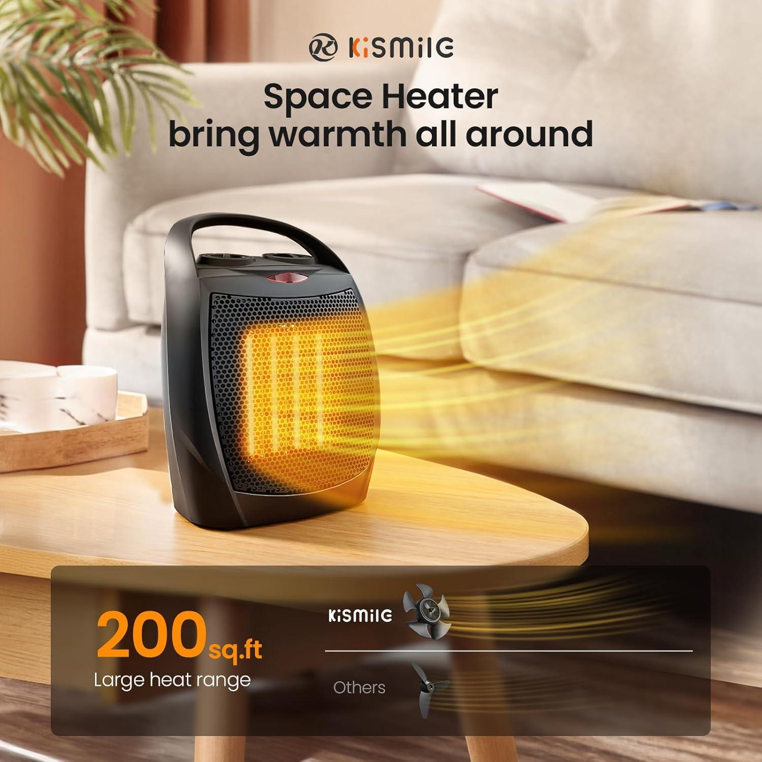 imageKismile Small Electric Space Heater Ceramic Space HeaterPortable Heater Fan for Office with Adjustable Thermostat and Overheat Protection ETL Listed for Kitchen 750W1500WBlackLuxury BlackBuiltin Handle