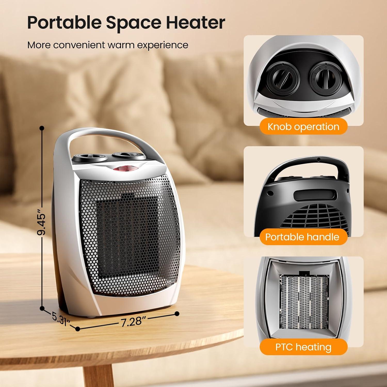 imageKismile Space Heater Portable Electric Heaters with Thermostat 1500W750W PTC Ceramic Heater Fan Small Heater for Bedroom Office and Indoor UseSilverBuiltin Handle