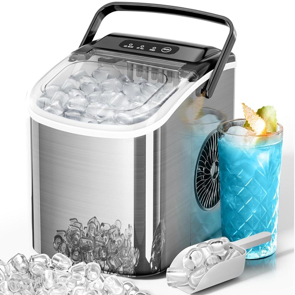 imageKismile Ice Makers Countertop with Carry Handle26LbsDay9 Cubes in 6 MinsSelfCleaning Ice Machine for HomeOfficeKitchen BlackStainless Steel Silver