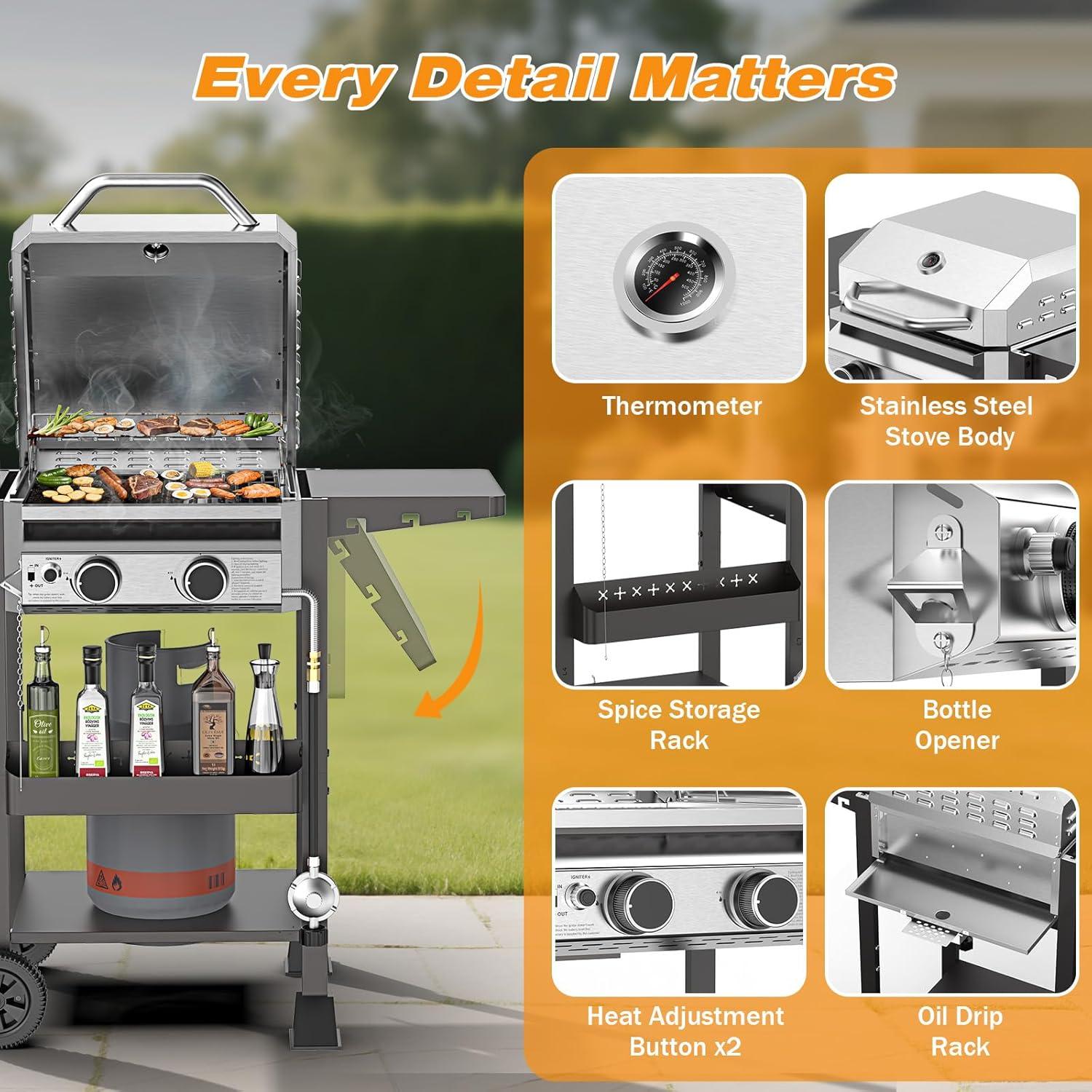 image2 Burner BBQ Propane Gas Grill 16000 BTU Stainless Steel Compact Gas Barbecue Grill with Foldable Shelves Small Propane Grills Outdoor Cooking for Patios Backyard Camping 255 SQIN Cook Area2 Burner