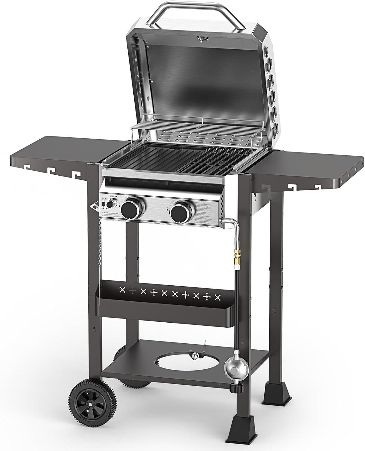 image2 Burner BBQ Propane Gas Grill 16000 BTU Stainless Steel Compact Gas Barbecue Grill with Foldable Shelves Small Propane Grills Outdoor Cooking for Patios Backyard Camping 255 SQIN Cook Area2 Burner