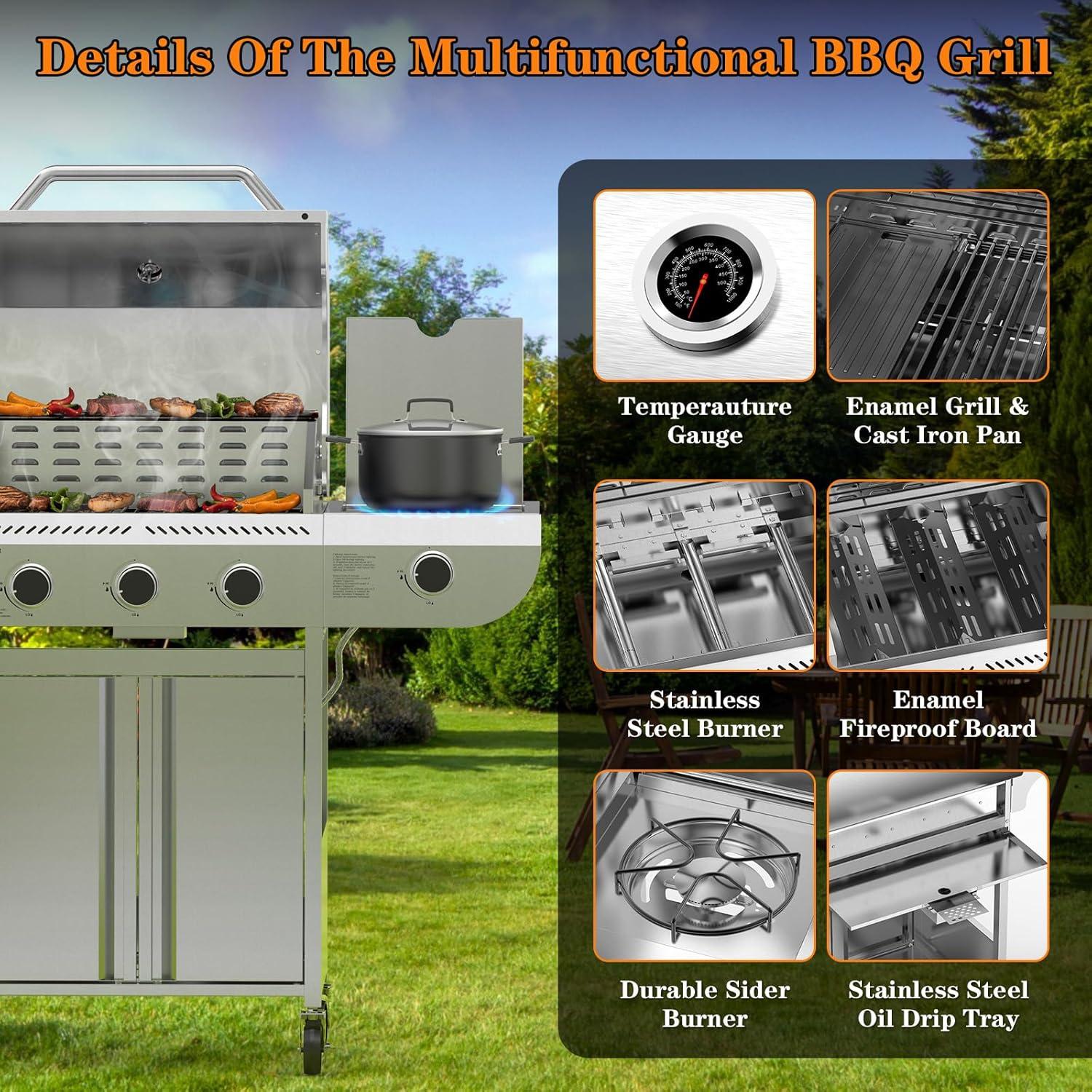 image2 Burner BBQ Propane Gas Grill 16000 BTU Stainless Steel Compact Gas Barbecue Grill with Foldable Shelves Small Propane Grills Outdoor Cooking for Patios Backyard Camping 255 SQIN Cook Area3 Burner with Side Burner