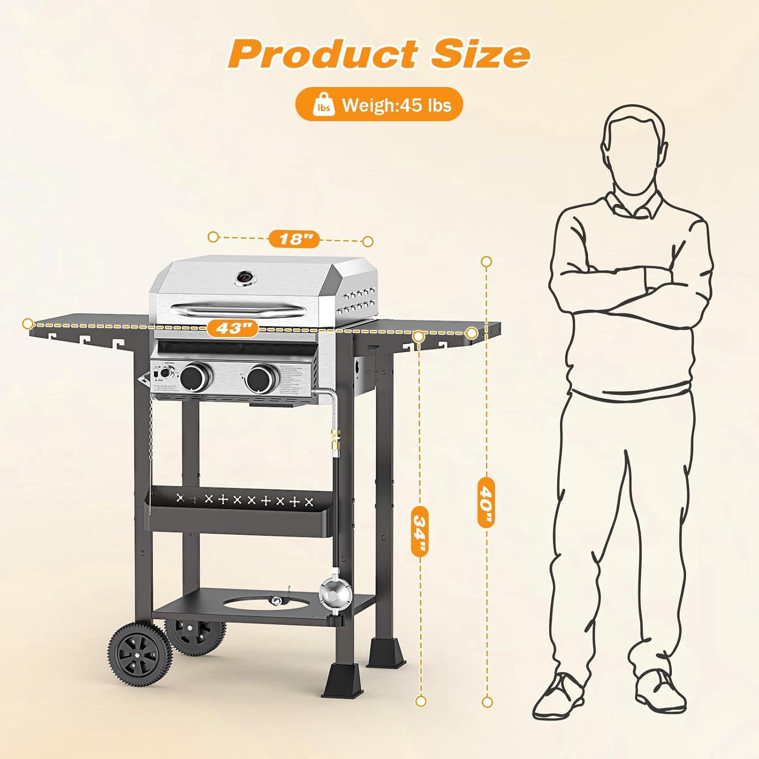 image2 Burner BBQ Propane Gas Grill 16000 BTU Stainless Steel Compact Gas Barbecue Grill with Foldable Shelves Small Propane Grills Outdoor Cooking for Patios Backyard Camping 255 SQIN Cook Area2 Burner