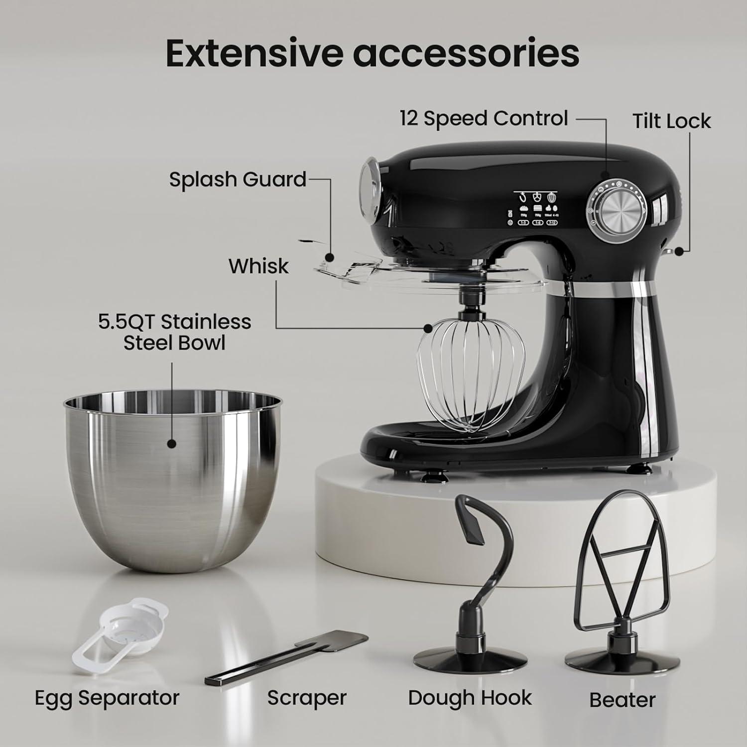 imageKismile Stand Mixer 55Quart Electric Mixer with 12 Speeds TiltHead Design ampamp Stainless Steel Bowl  Includes Dough Hook Whisk Beater  Powerful Baking Mixer for Cakes Bread Dough Deep BlackBlack