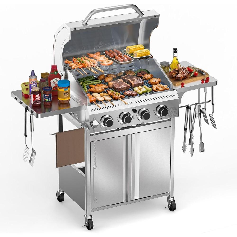 image2 Burner BBQ Propane Gas Grill 16000 BTU Stainless Steel Compact Gas Barbecue Grill with Foldable Shelves Small Propane Grills Outdoor Cooking for Patios Backyard Camping 255 SQIN Cook Area4 Burner