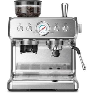 imageKismile Espresso Coffee Machine with Grinder 20 Bar Automatic Espresso Machine with Milk Frother Steam Wand Removable Water Tank for Latte ampamp CappuccinoSilver20Bar