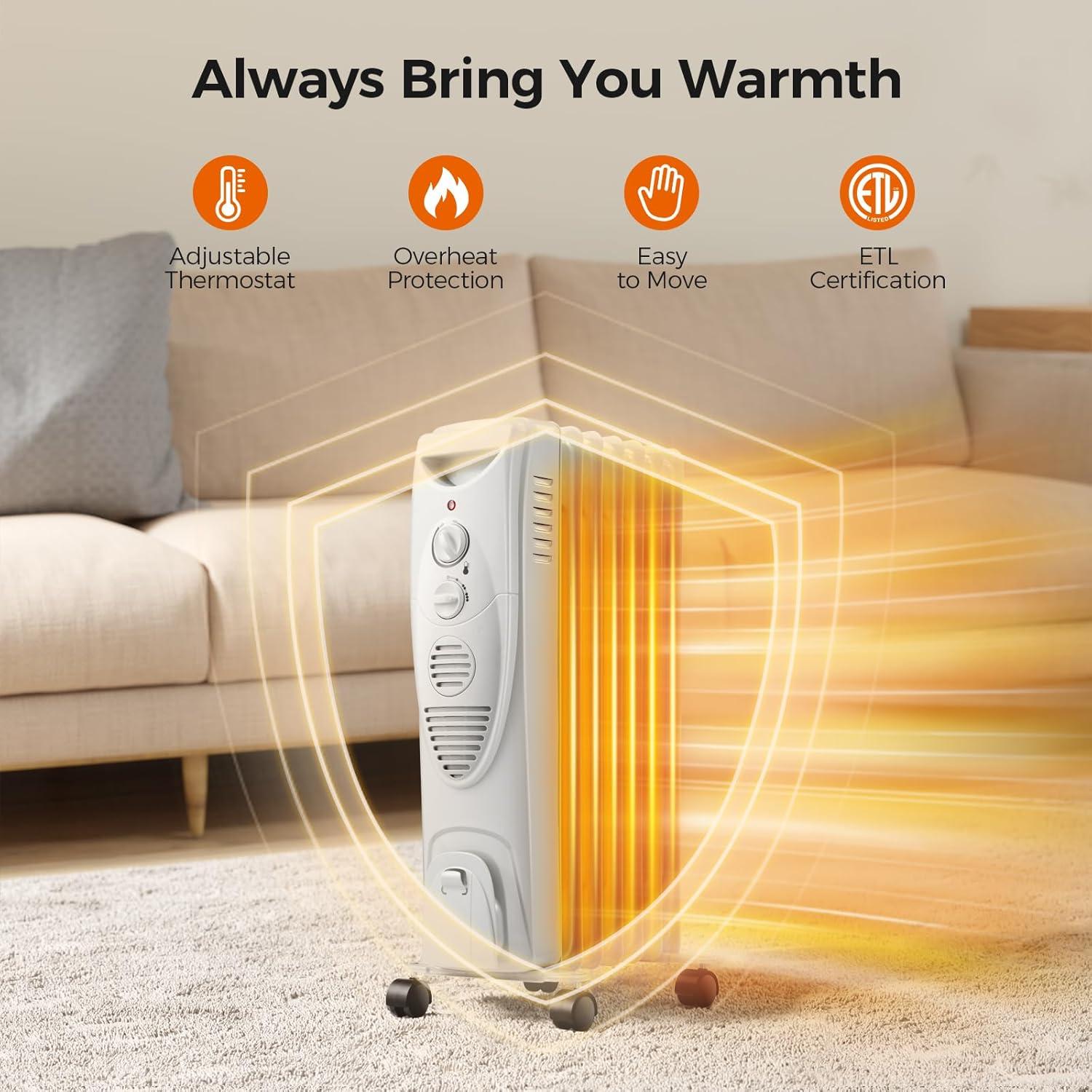 imageKismile 1500W Oil Filled Radiator Heater Portable Electric Heater with 3 Heat Settings Adjustable Thermostat Overheat ampamp TipOver Protection Oil Heaters for Indoor Use Grey