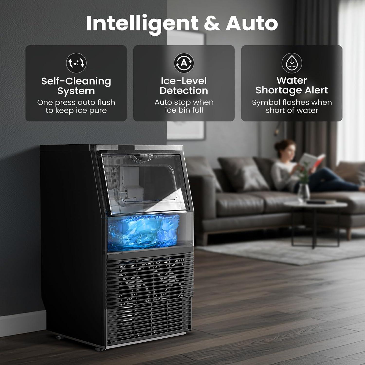 imageKismile Commercial Ice Maker Freestanding Crescent Ice Maker 110lbs24h 30lbs Storage Bin Full Heavy Duty Stainless Steel Construction Ice Maker Machine for Home Bar Coffee Shop Business66Lbs24H