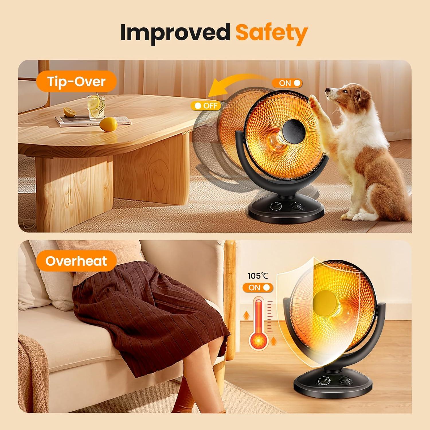 imageKismile Oscillating Parabolic Space Heater with Thermostat and Timer Radiant Dish Heater with TipOver and Overheating Protection For Indoor Use 800wDeep Black