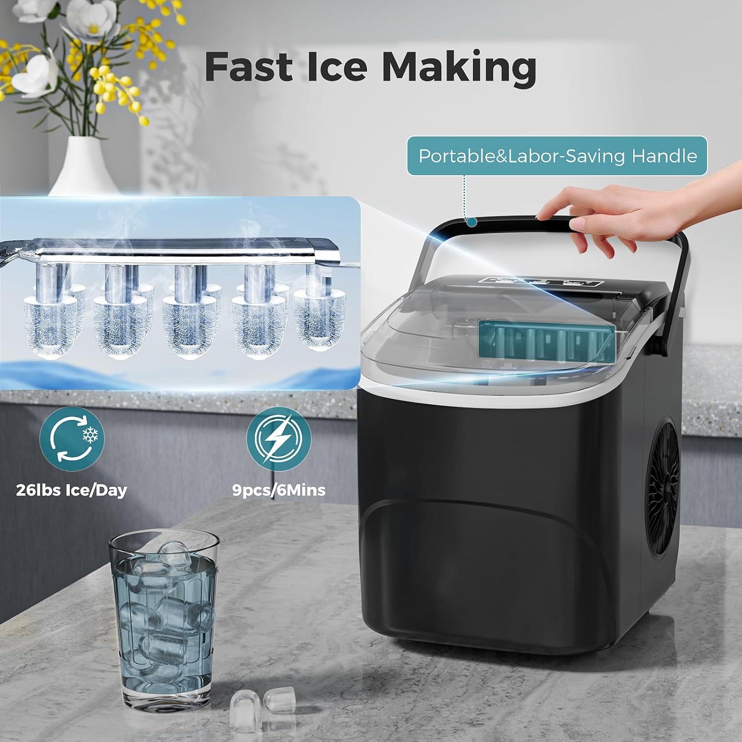 imageAGLUCKY Ice Makers Countertop with SelfCleaning 26lbs24hrs 9 Cubes Ready in 6 Mins Portable Ice Machine with 2 Sizes Bullet IceIce ScoopBasket for HomeKitchenOfficeBarParty RedBLACK