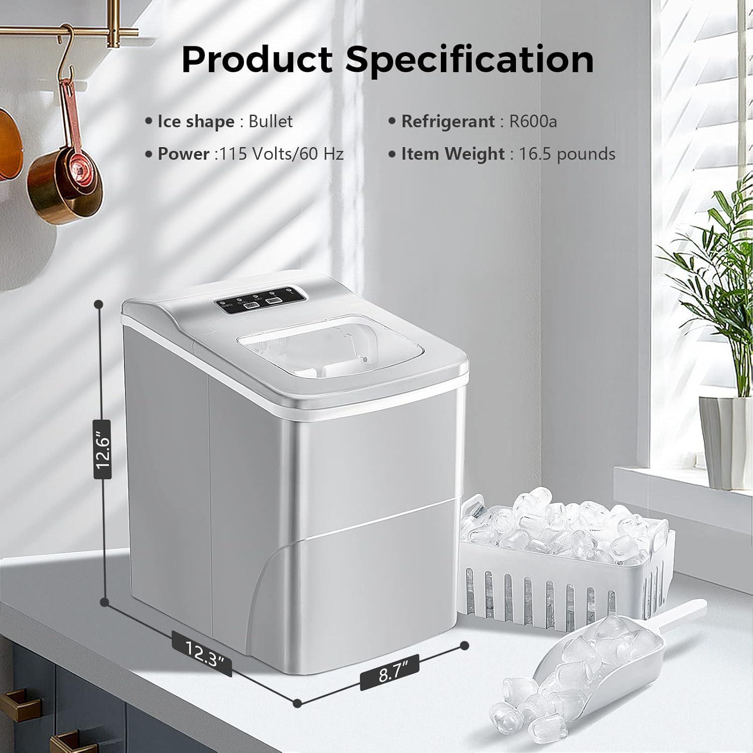 imageAGLUCKY Ice Makers Countertop with SelfCleaning 26lbs24hrs 9 Cubes Ready in 6 Mins Portable Ice Machine with 2 Sizes Bullet IceIce ScoopBasket for HomeKitchenOfficeBarParty GreyGray