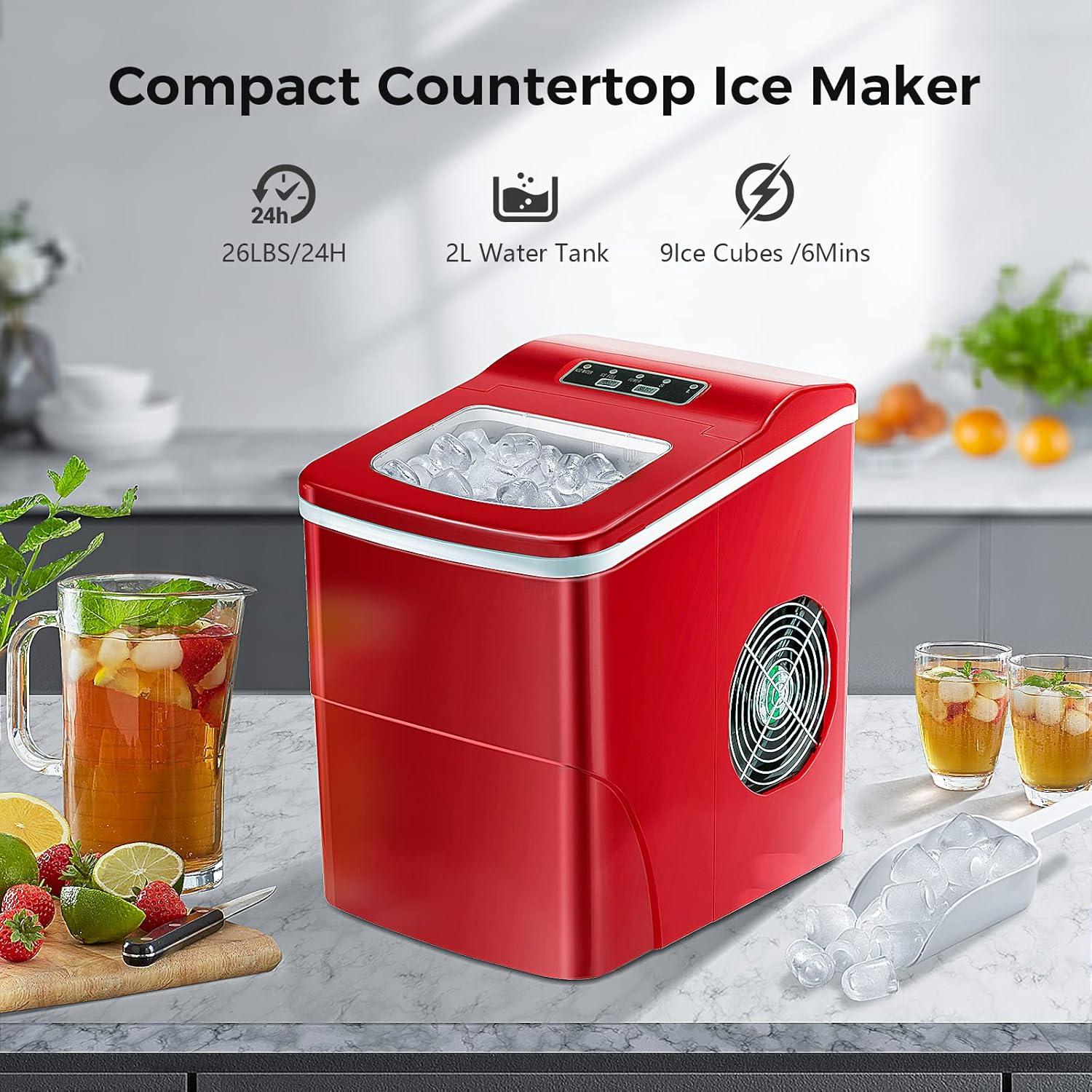 imageAGLUCKY Ice Makers Countertop with SelfCleaning 26lbs24hrs 9 Cubes Ready in 6 Mins Portable Ice Machine with 2 Sizes Bullet IceIce ScoopBasket for HomeKitchenOfficeBarParty RedRed