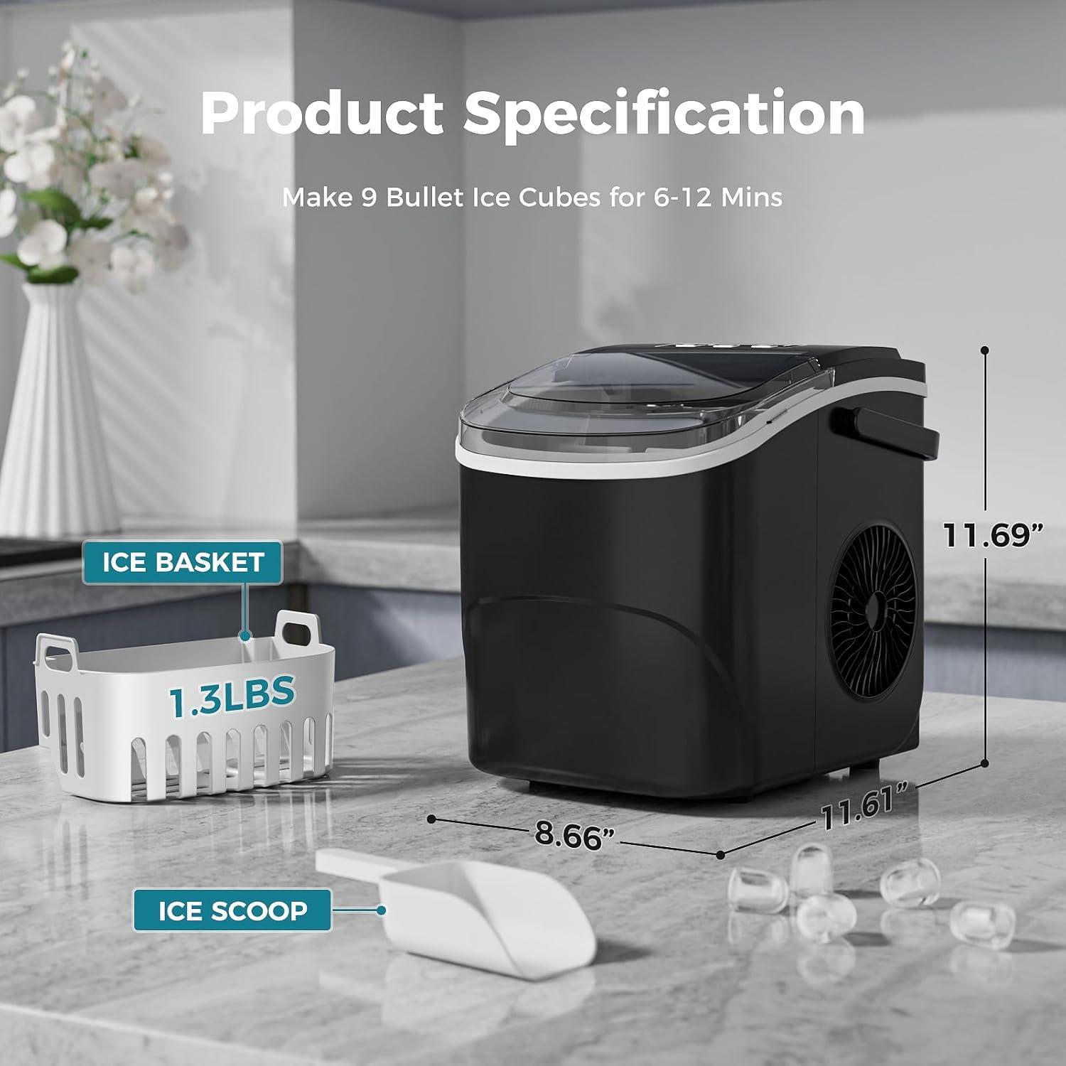 imageAGLUCKY Ice Makers Countertop with SelfCleaning 26lbs24hrs 9 Cubes Ready in 6 Mins Portable Ice Machine with 2 Sizes Bullet IceIce ScoopBasket for HomeKitchenOfficeBarParty RedBLACK