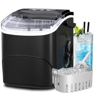 imageAGLUCKY Ice Makers Countertop with SelfCleaning 26lbs24hrs 9 Cubes Ready in 6 Mins Portable Ice Machine with 2 Sizes Bullet IceIce ScoopBasket for HomeKitchenOfficeBarParty RedBLACK